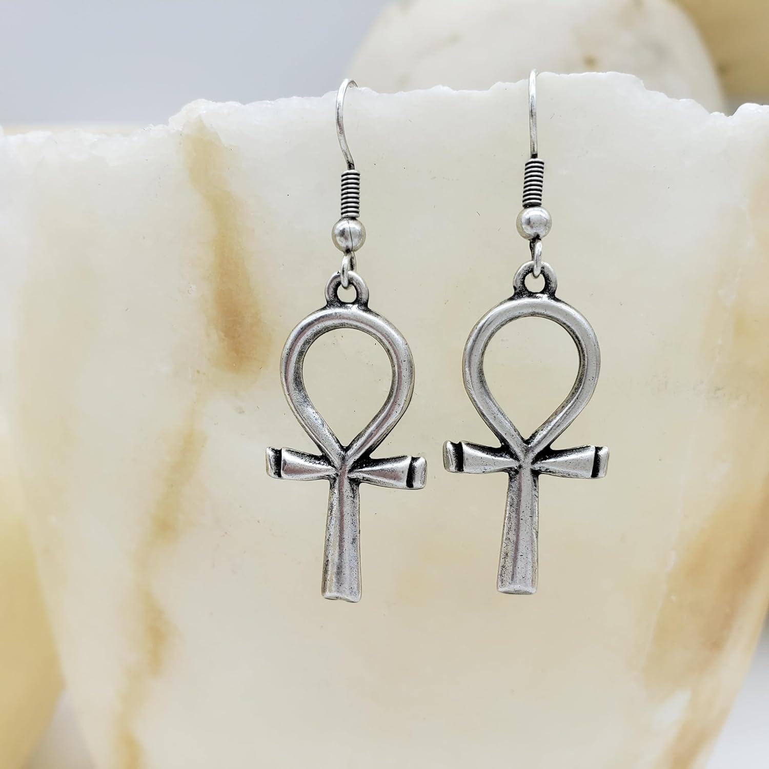 Egyptian Ankh Earrings - Antique Silver-Plated Finish - Made in the USA