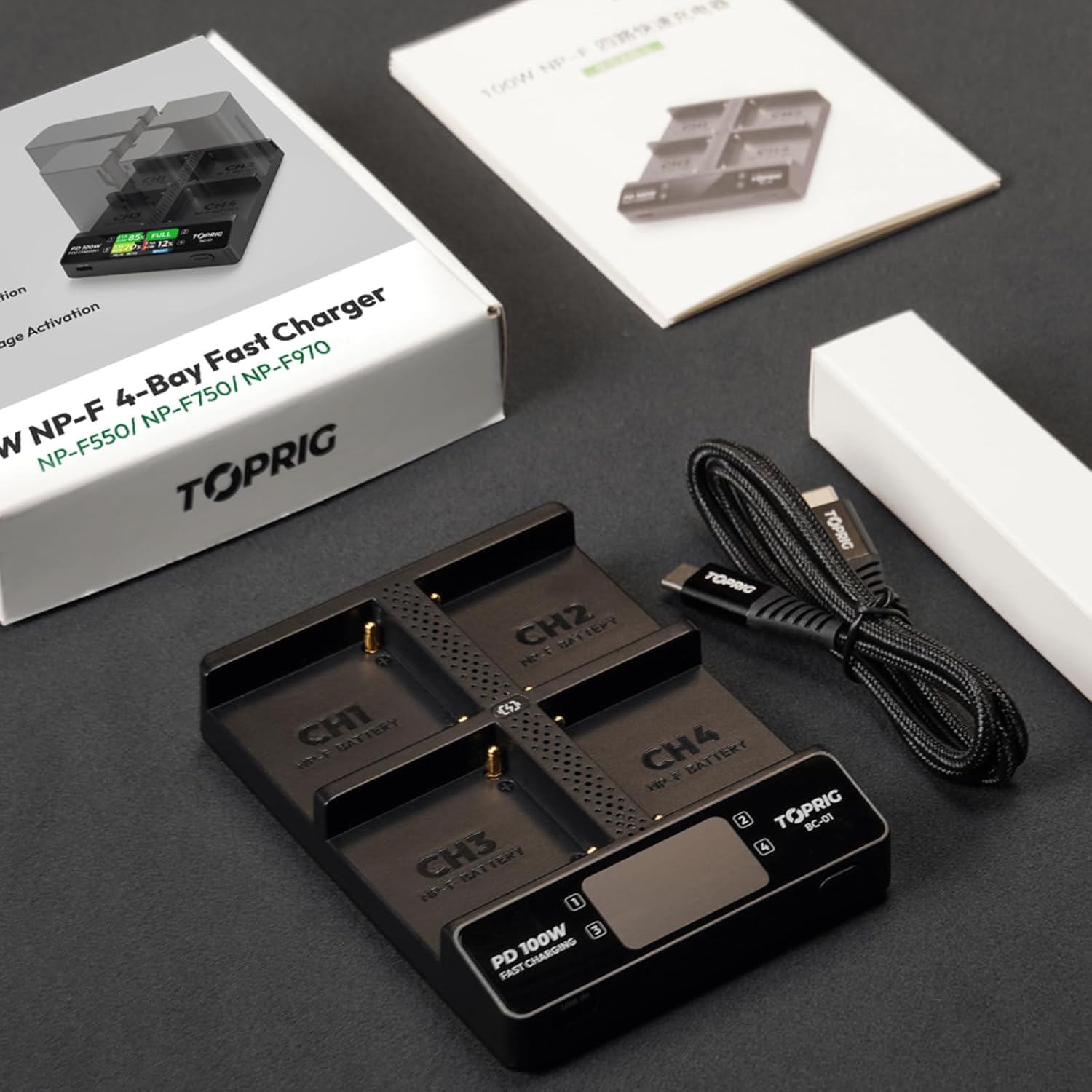 Accsoon TOPRIG 100W 4-Channel NP-F Fast Charger with LCD Display Compatibility with NP-F550 NP-F750, NP-F970 and Other Corresponding NP-F Series