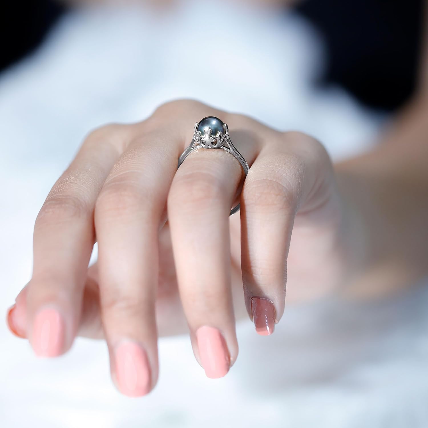 Natural Black Pearl Engagement Ring, AAA Quality, Handpicked 8mm Tahitian Pearl Vintage Inspired Ring - Gift for Women