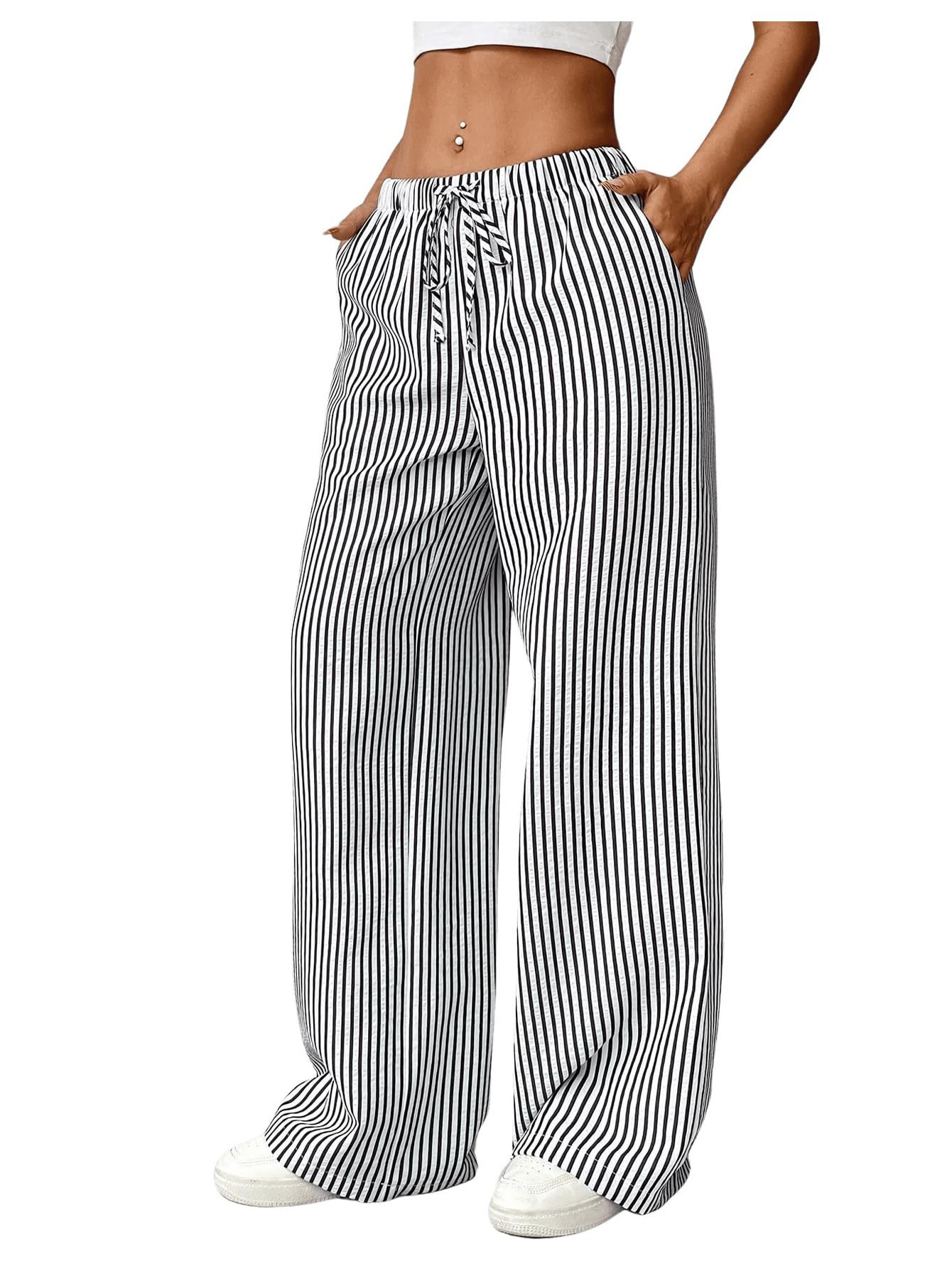 SweatyRocks Womens Y2K Striped Pants Wide Leg Drawstring High Waist Long Trousers with Pocket