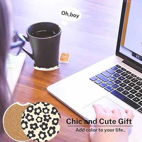 Miniatura 8 de Paquete de 2 posavasos abstractos para automóvil con margaritas negras absorbentes de 2.56 pulgadas, estilo vintage hippy de los años 70, diseño