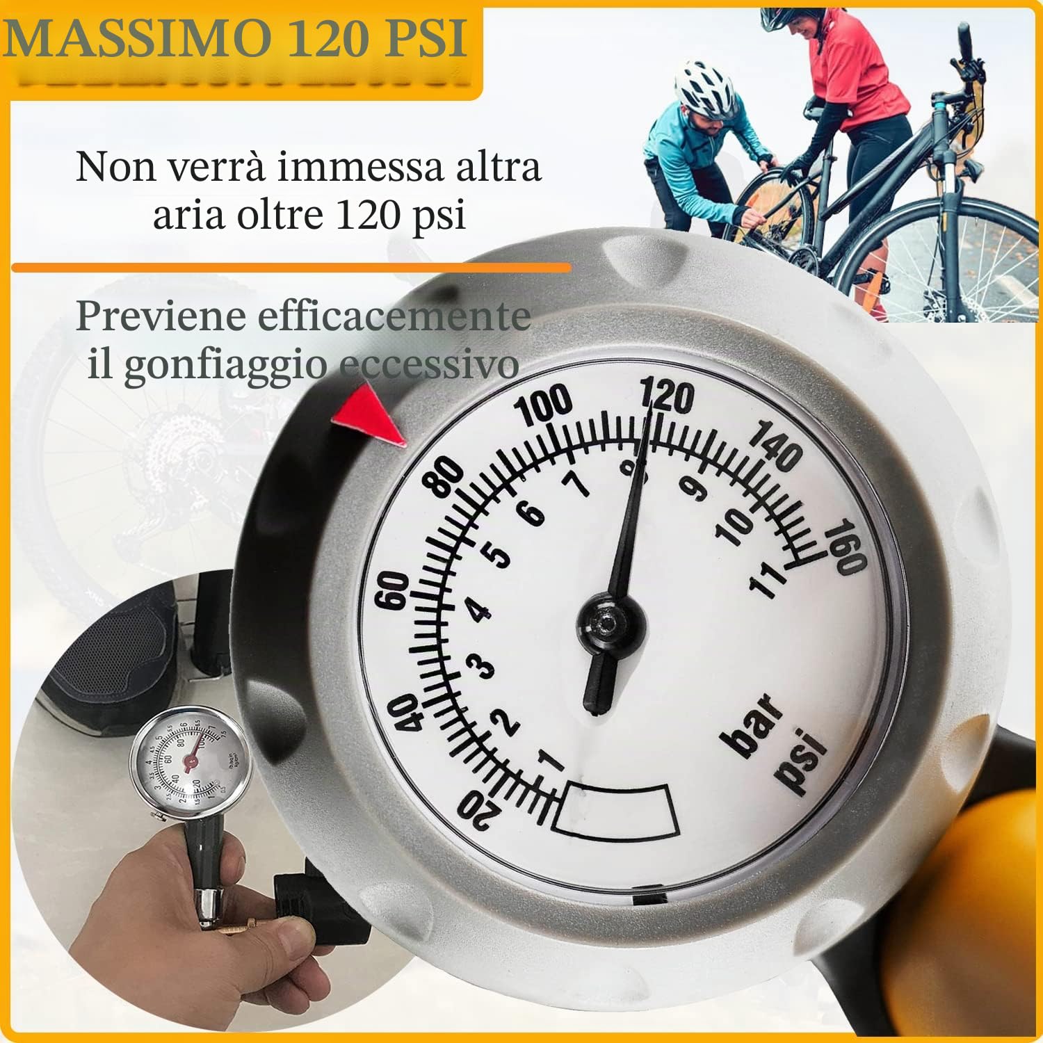 Taeku Pompa da Pavimento, Multifunzione 120 psi Portatile della Pompa per Bici MTB con Tubo Flessibile Adattatori per Presta e Schrader Valve per Bici Palle