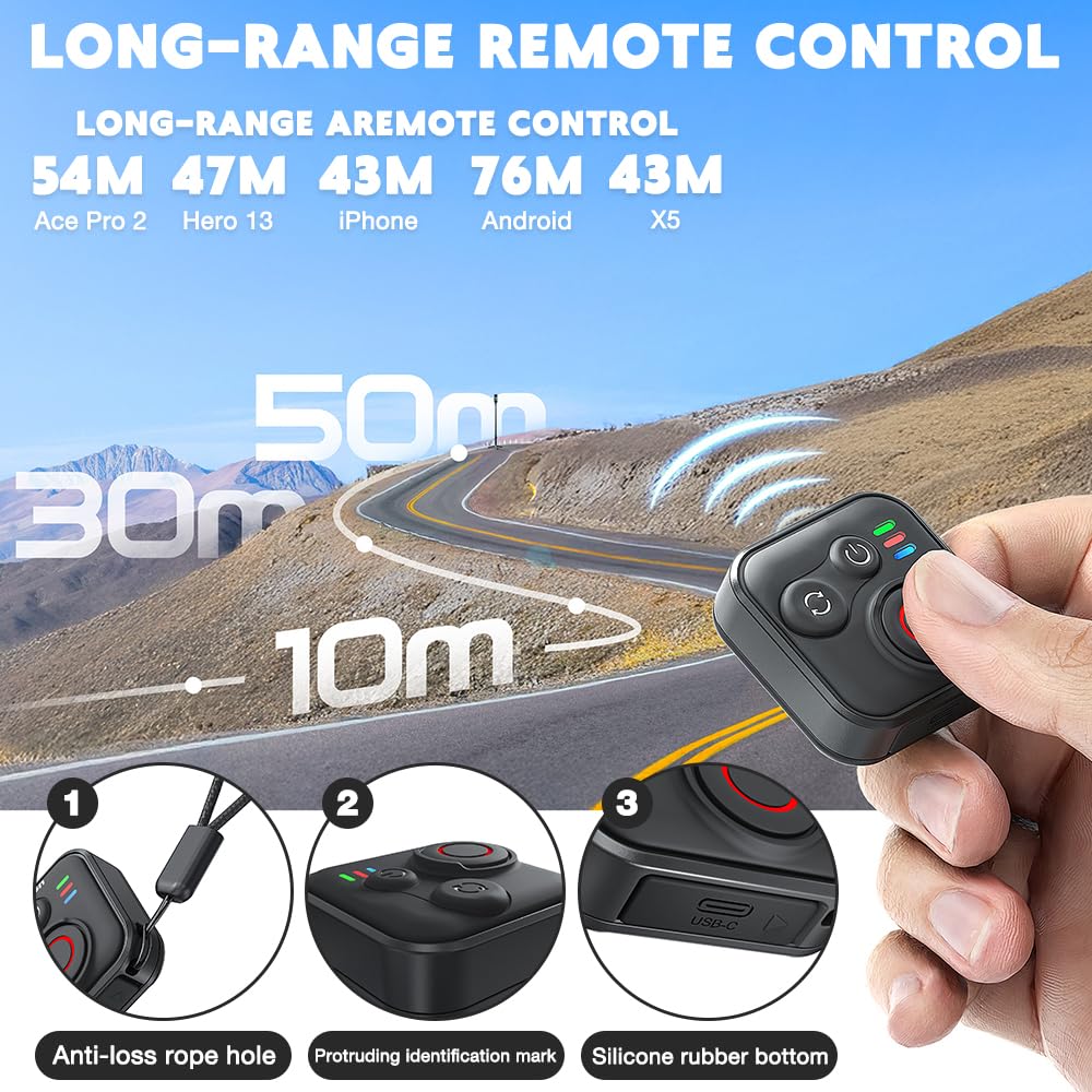 NAVESO Bluetooth Télécommande pour GoPro Hero Insta360 X5/X4/X3/Ace Pro 2/Ace Pro/GO3S/GO3 iOS/Android, sans Fil Smart Remote Control avec Bracelet et Câble de Recharge USB