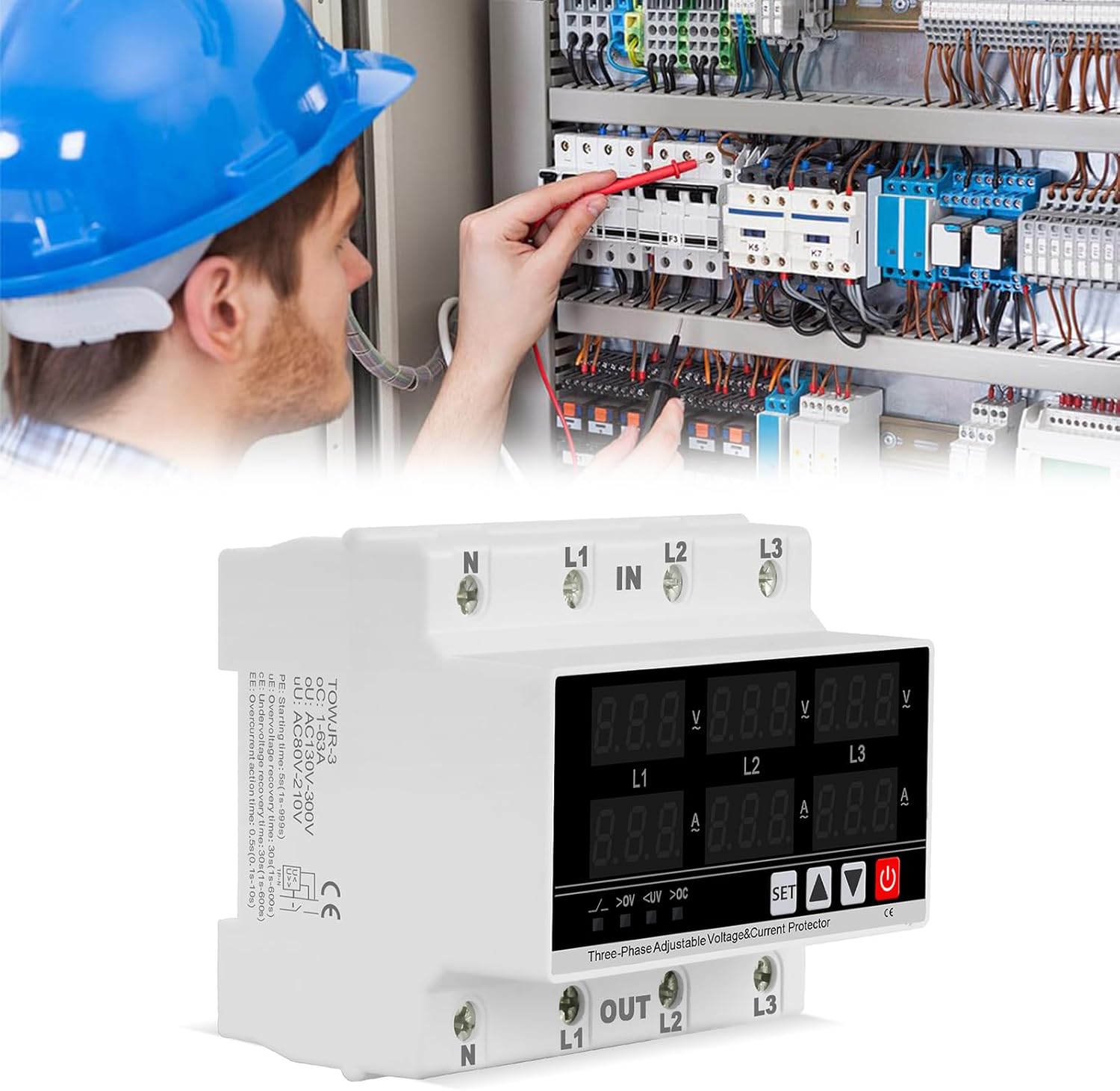 3位相DINレール電圧計量計自動オーバー電圧過電流プロテクターDINレールレールリレープロテクターアンダーボルタージ