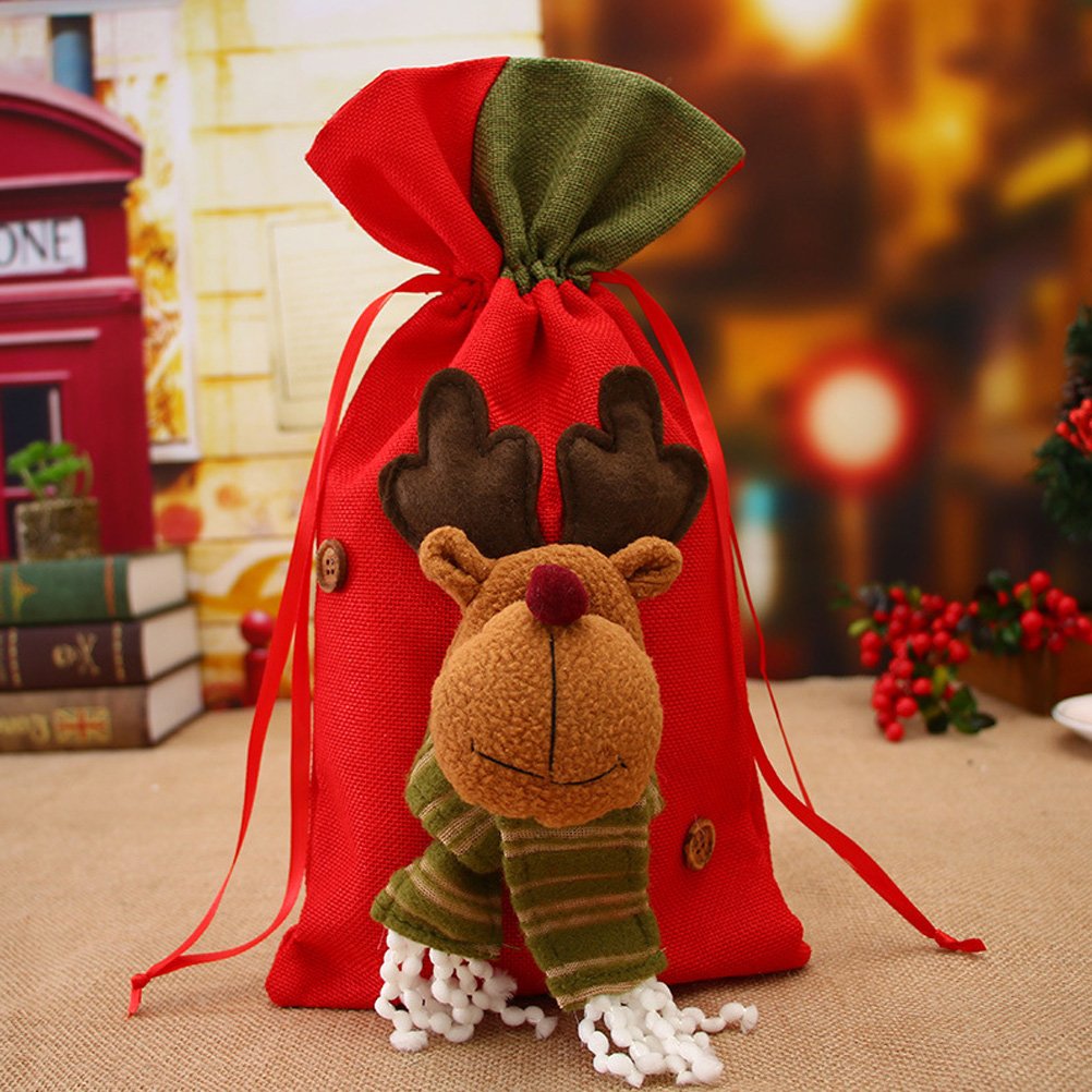 Sacchetto Di Natale In Iuta Con Coulisse - Design Alce - 37x20x6 Cm - Per Bomboniere, Caramelle E Piccoli Regali