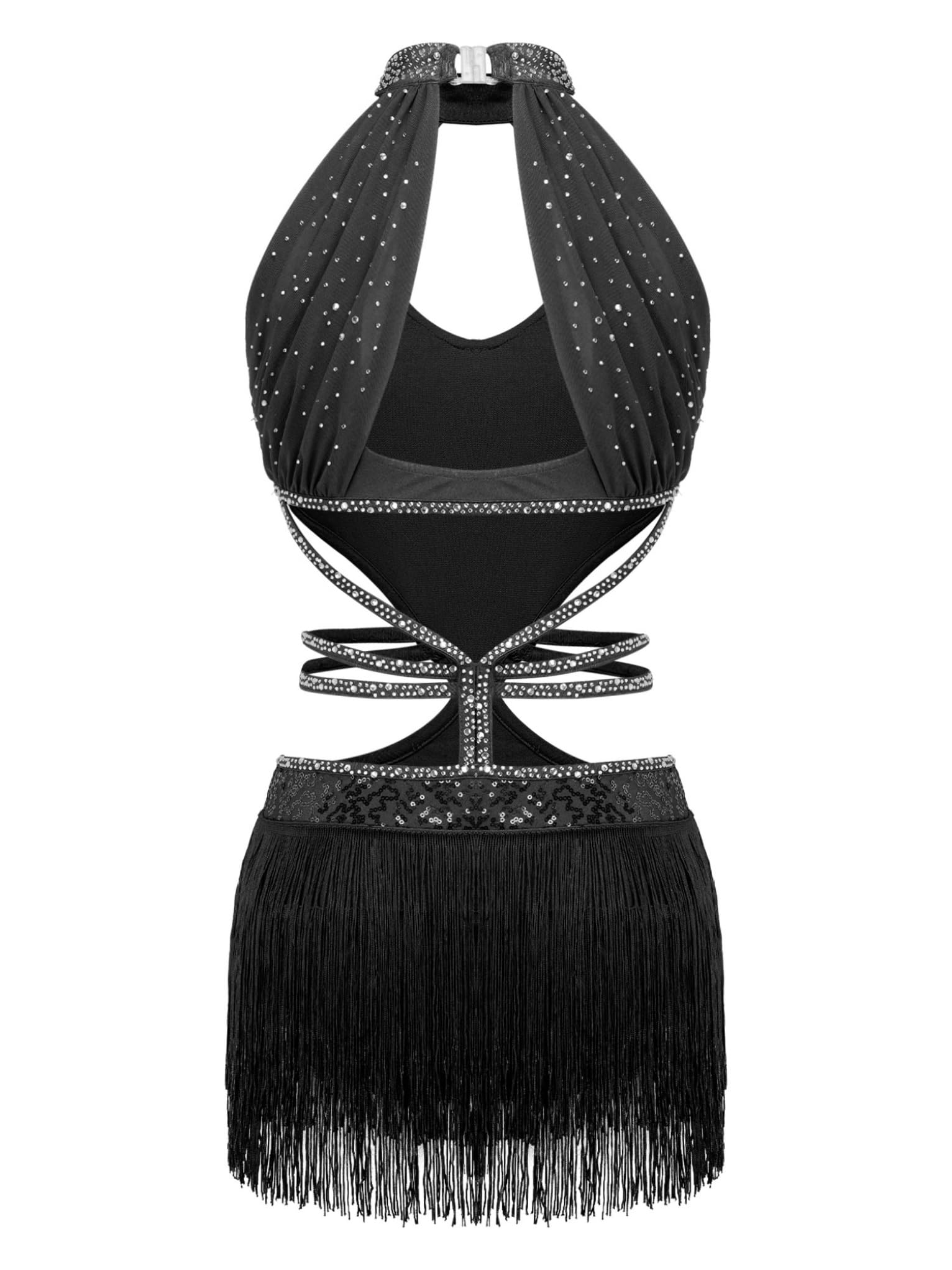 Mufeng Vestido de Baile Latino Mujer Maillot con Flecos Vestido Patinaje sobre Hielo de sin Mangas Leotardos de Danza Maillot Gimnasia Ritmica