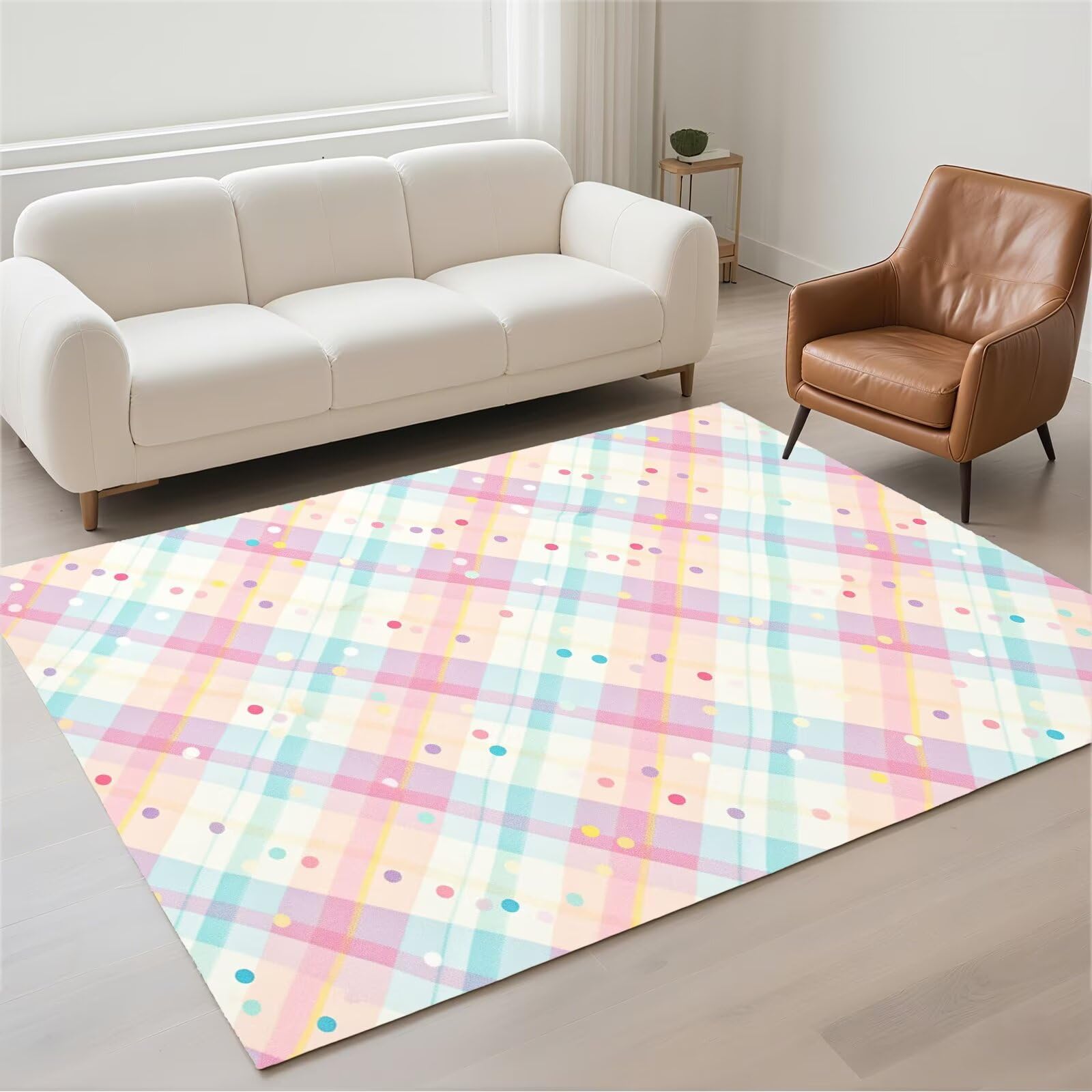 Tapis salon 120x180cm moderne en pile bouclée douce motif checks pour une décoration soignée