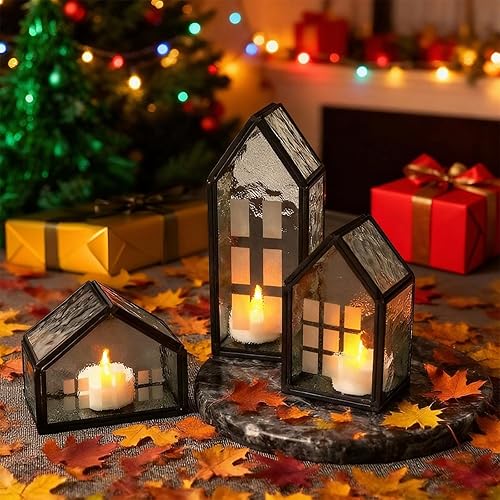 Decoraciones de mesa de Navidad, juego de 3 portavelas de cristal con marco de metal de cobre, decoraciones de invierno para centro de mesa,