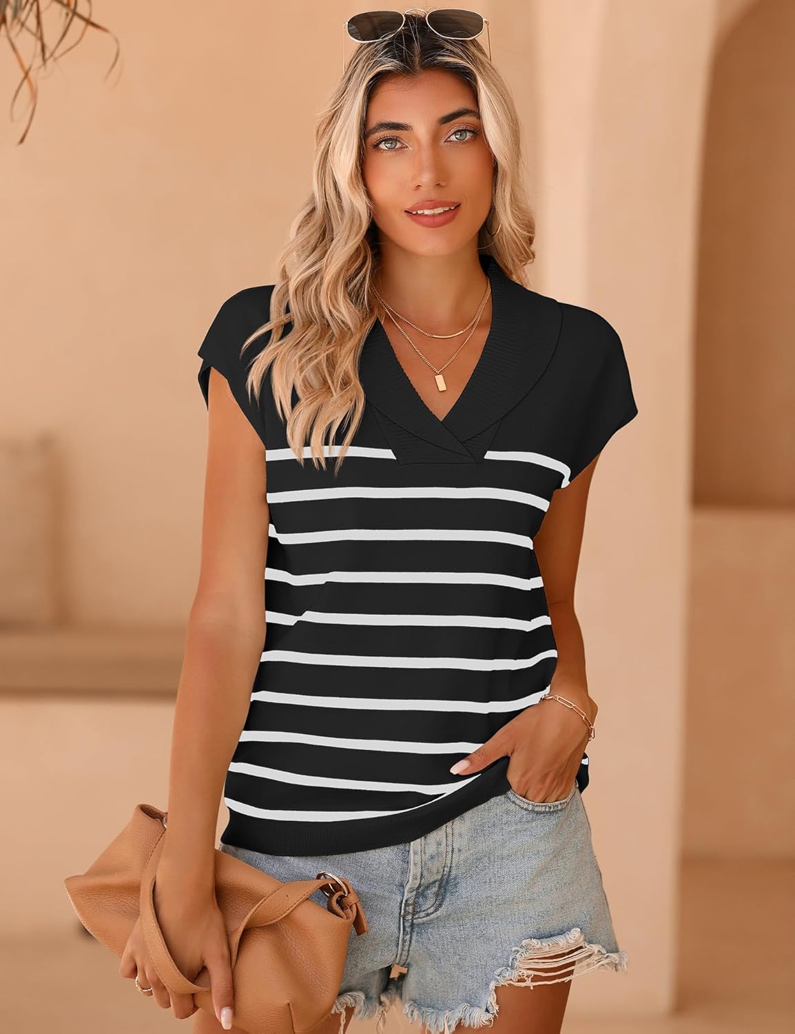 Ivicoer Sweater Vest Women V-Neck Knitted Pullover Short Cap Sleeve Collared Tops Dressy Casual 2025 Summer Fashion Trendy - Image 2