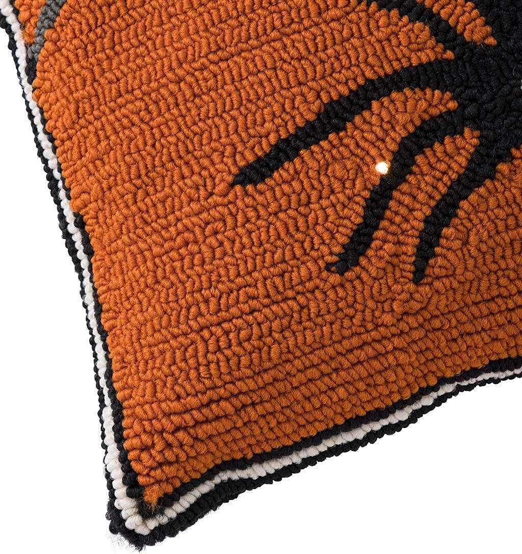 Plow & Hearth Indoor/Outdoor Lighted Halloween Spider Web Pillow, All-Weather Hooked Polypropylene with Poly-Canvas Back and Battery-Operated LED Lights, 18" sq.
