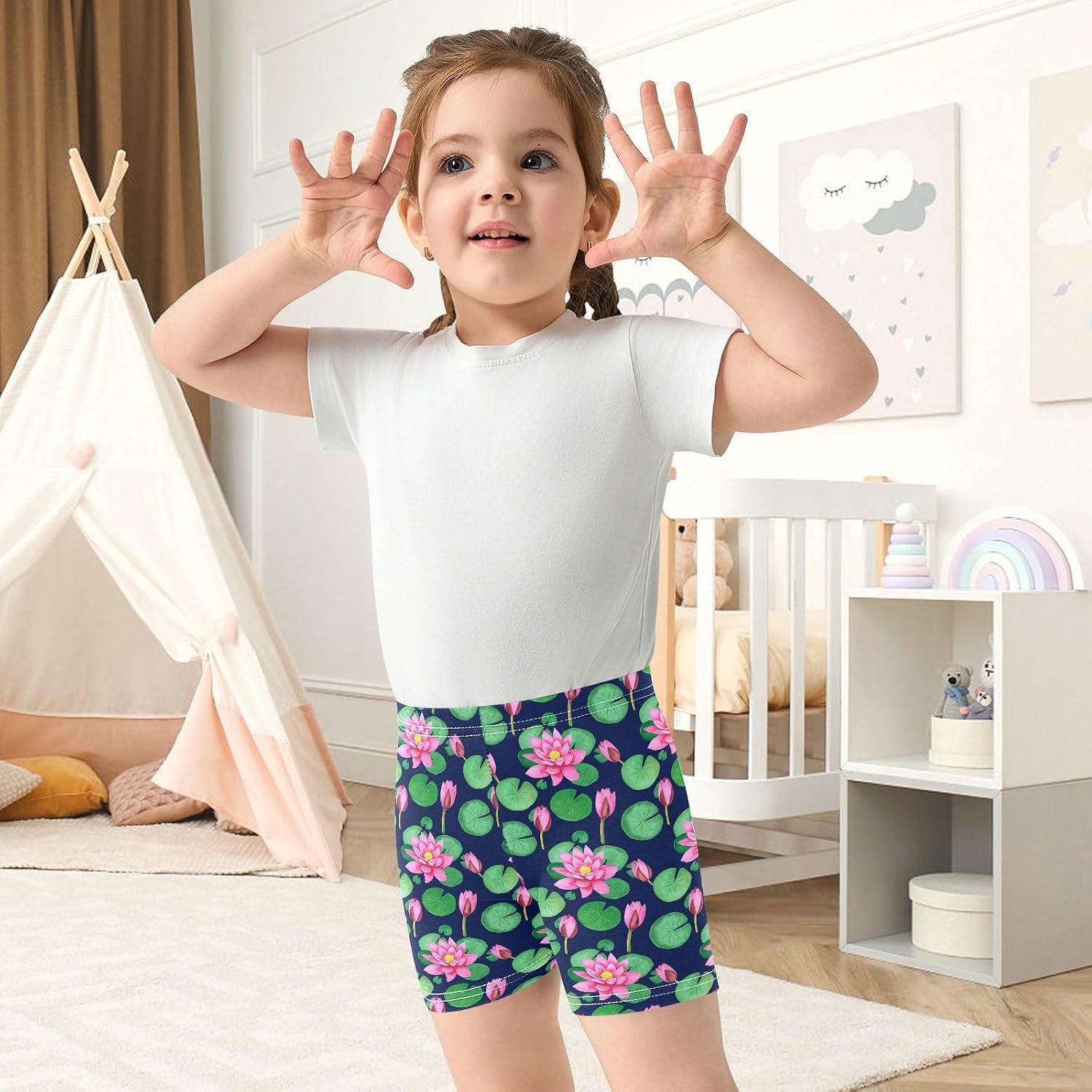 Leaf Flower Blue Girls Bike Shorts Toddler Soft Cotton Cartwheel Under Dress Dance Shorts