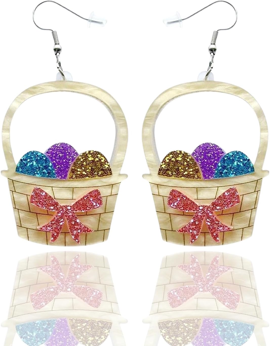 2 Pcs Easter Basket Eggs Earrings Cute Spring Rabbit Earrings Glitter Drop Colorful Easter Fashion Holiday for Women Jewelry Gift Funny Party Decoration