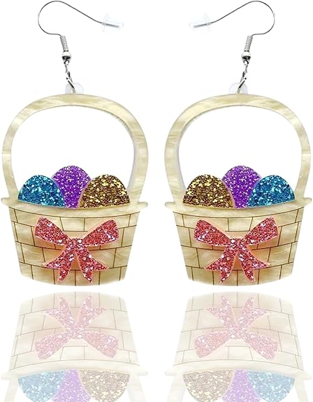 2 Pcs Easter Basket & Bunny Glitter Drop Earrings Colorful Holiday Jewelry