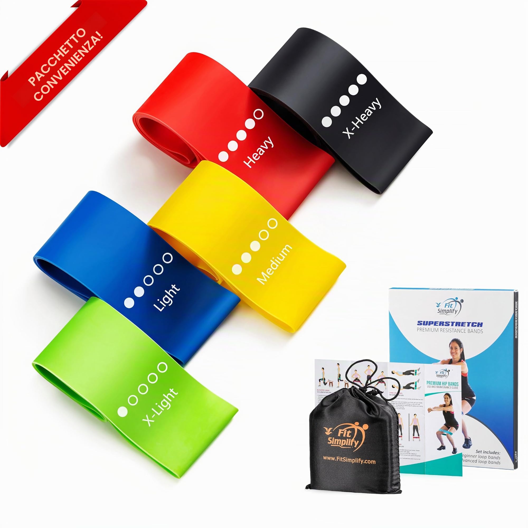 Fit Simplify Set di 5 fasce elastiche per esercizi di resistenza, con guida di istruzioni e borsa per il trasporto