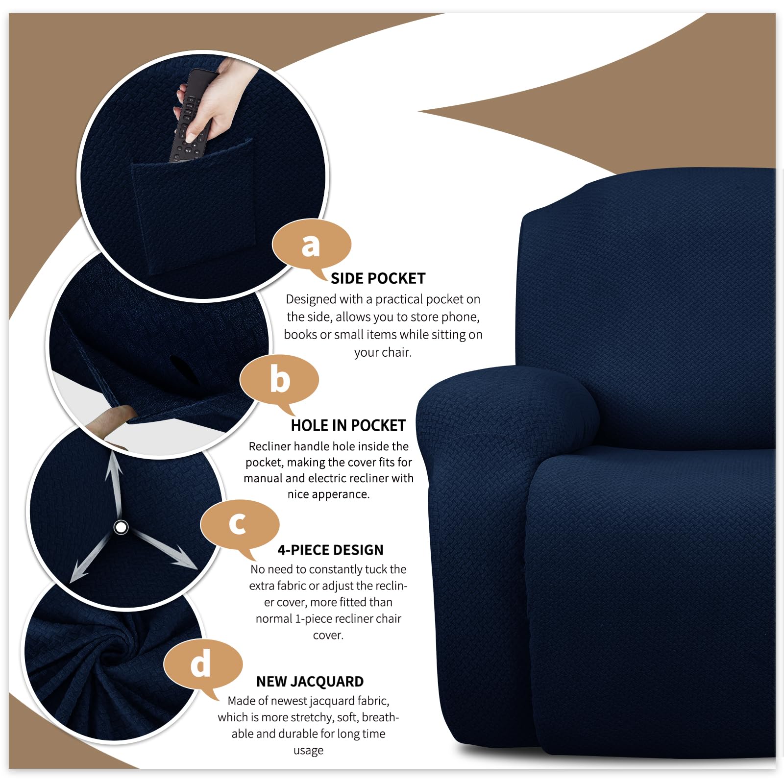 JIVINER Lot de 8 housses de canapé inclinables en jacquard extensible pour canapé 3 places pour salon, protection douce et inclinable avec poche (3 places, bleu marine)