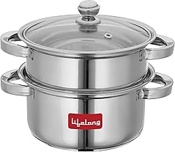 Lifelong 2-Tier Steamer/Momo/Modak Maker | Induction Compitable with Glass Lid &amp; Riveted Handles | 20 cm Stainless Steel M