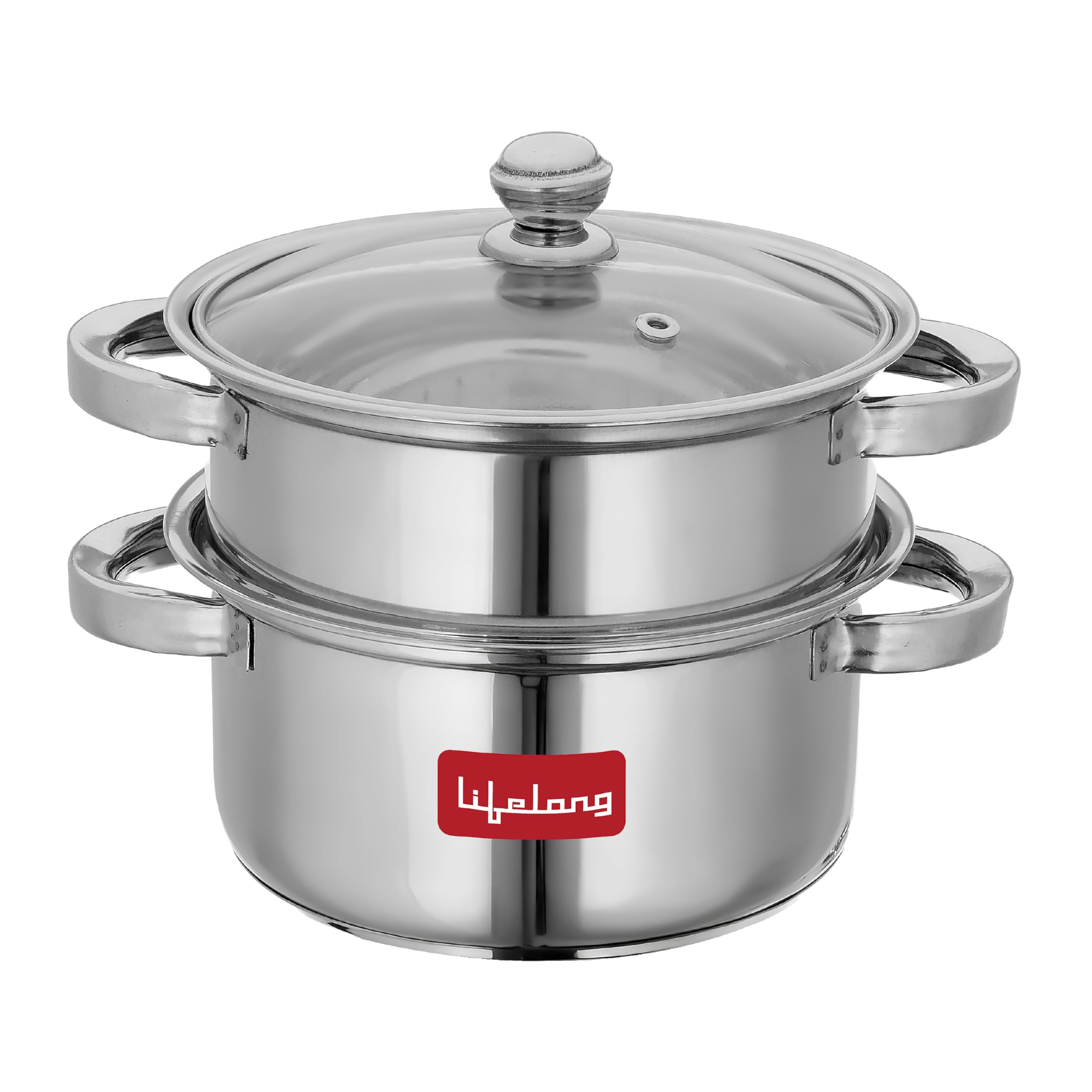 2-Tier Steamer/Momo/Modak Maker | Induction Compitable with Glass Lid & Riveted Handles | 18 cm Stainless Steel Multi-Purpose Cooking Steamer (LLMOM01)