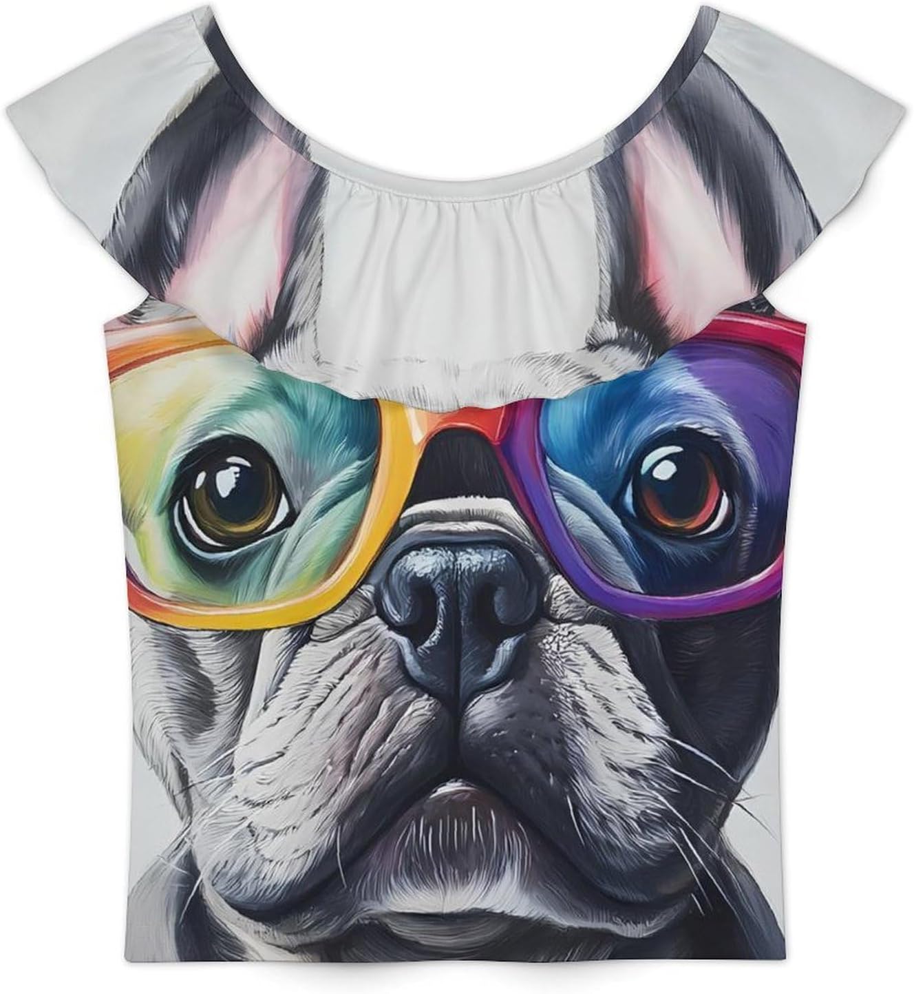 French Bull Dog with Glasses Girls T-Shirts Top Ruffle Short Sleeve Blouse Casual Graphic Tees