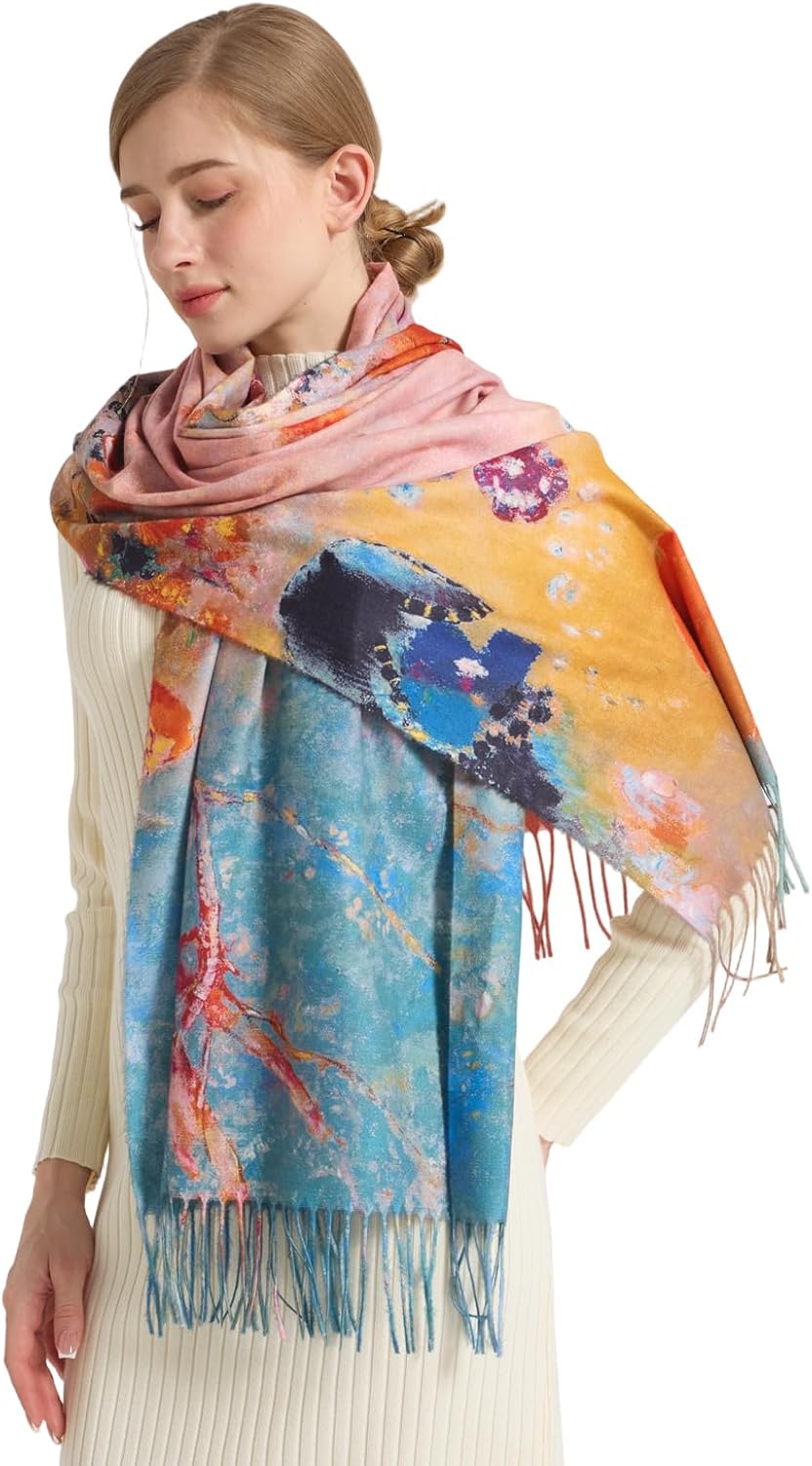 Reversible Pashmina Scarf - Double-Side Scarf For Women Winter Shawl Wrap Monet Van Gogh Art Printing Scarves - Image 4
