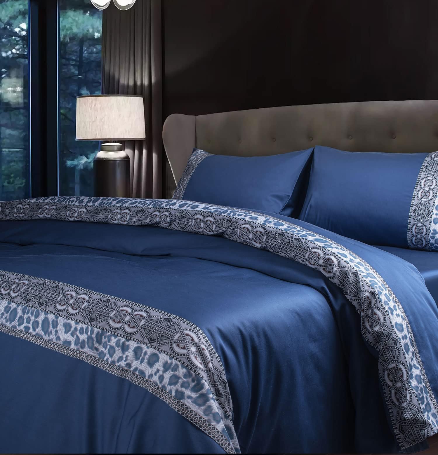 Spread Spain Cotton Villa Barcelona Bedsheet Super King Size with 2 Pillow Cases 500 Thread Count (108" x 108" Inch Navy Blue)