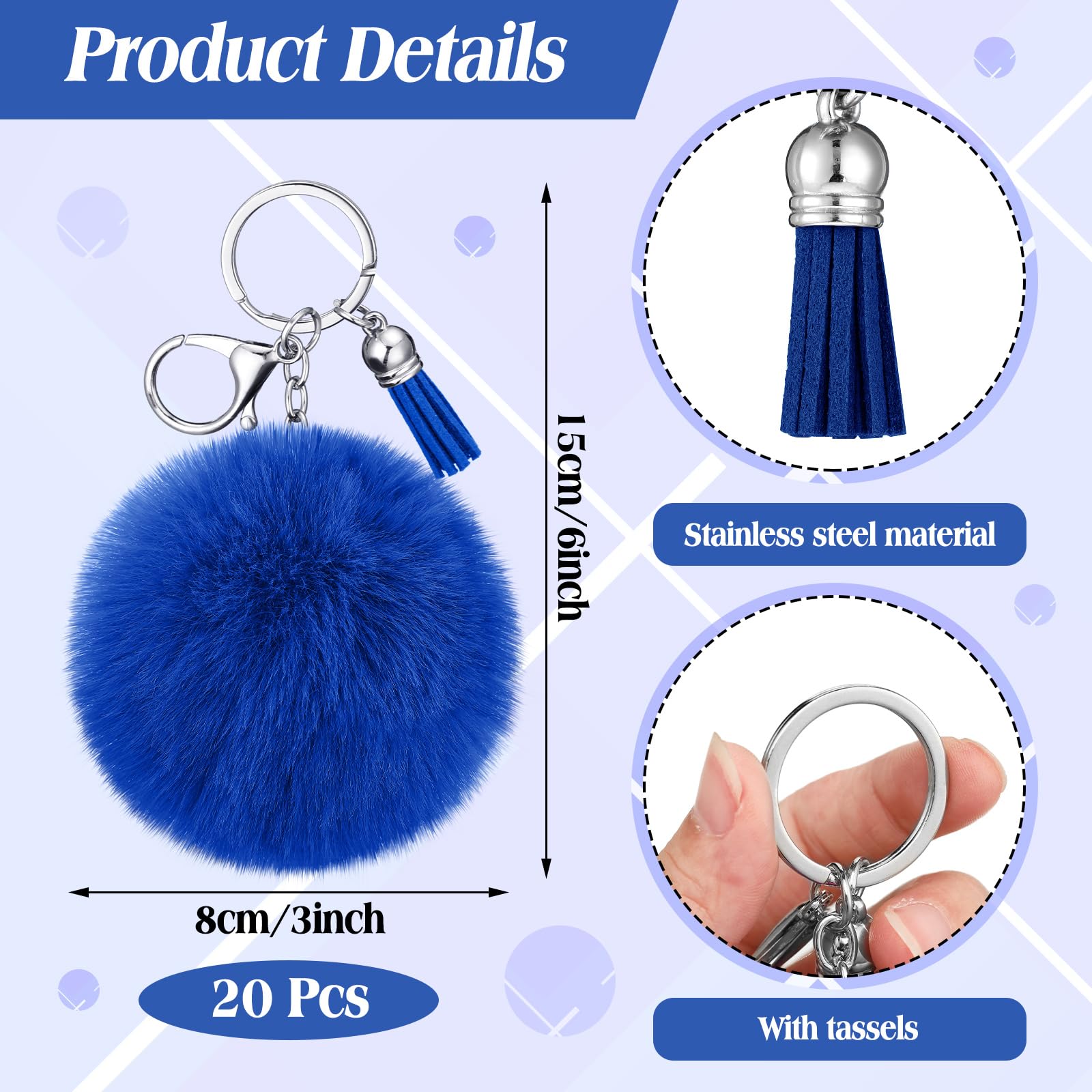 Nosiny 20 portachiavi con pompon sintetici, idea regalo per cheerleader, portachiavi con nappa, accessorio per sport di squadra, Blu, 3 inches/ 8 cm