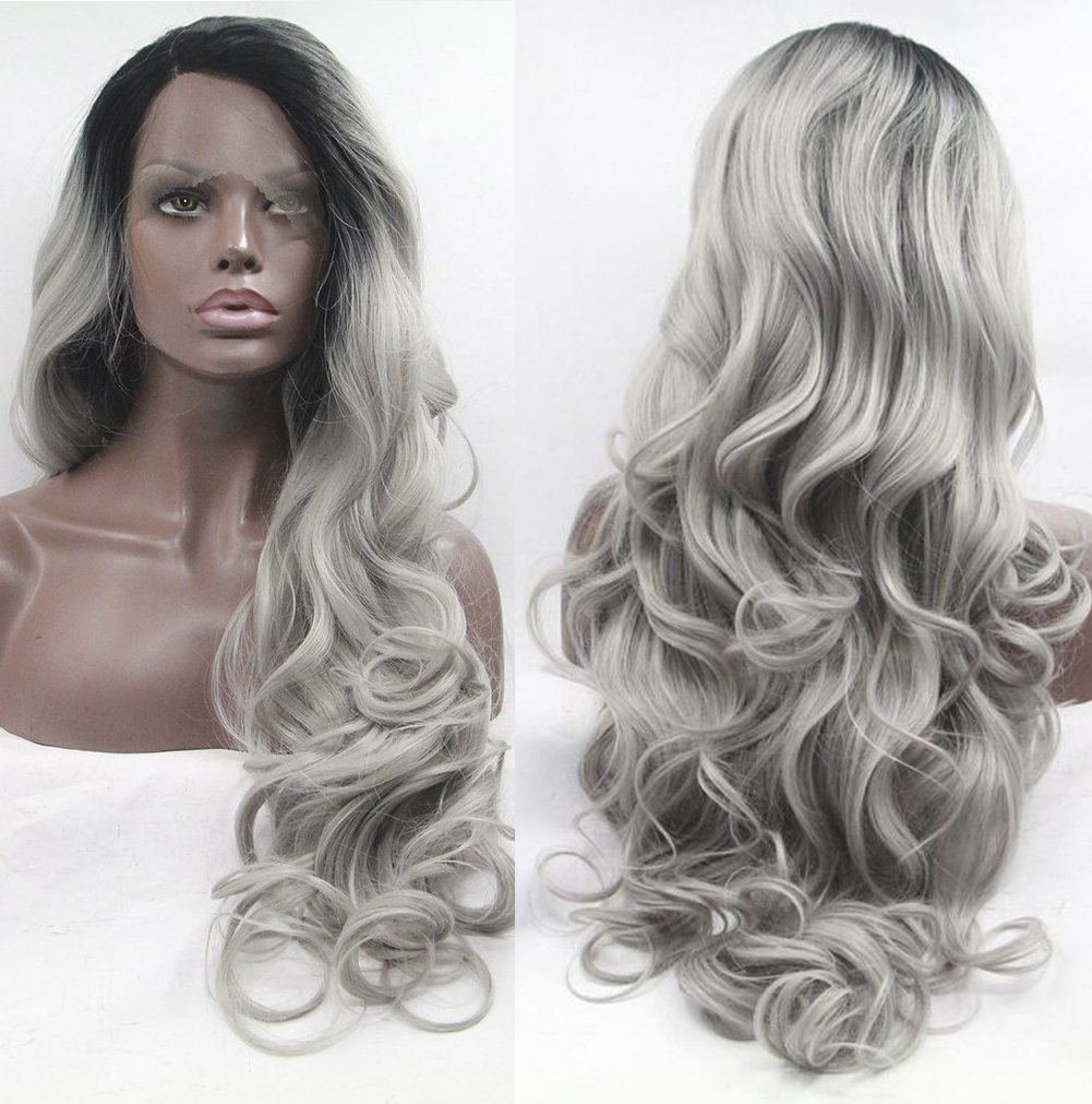 Long Wavy Hair Two Tone Black and Grey Ombre Wig Heat Resistant Fiber Synthetic Lace Front Wigs Half Hand Tied (24 Inch)