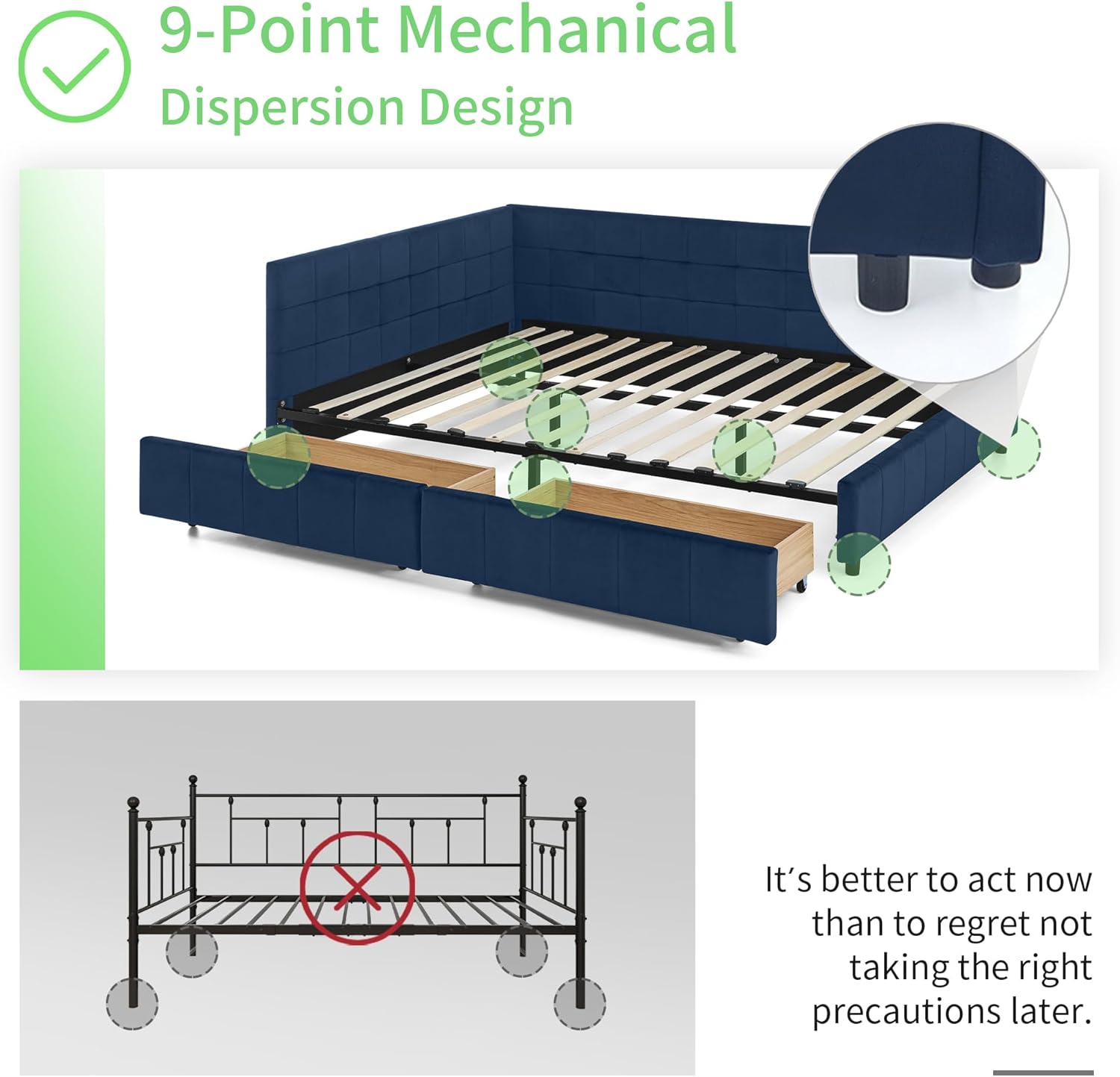 Queen Size Wood Daybed with 2 Drawers, Modern Elegant Velvet Upholstered Padded Grid Pattern Bed Frame with Spacious Under Bed Storage, No Box Spring Needed, Easy Assembly, Navy Blue