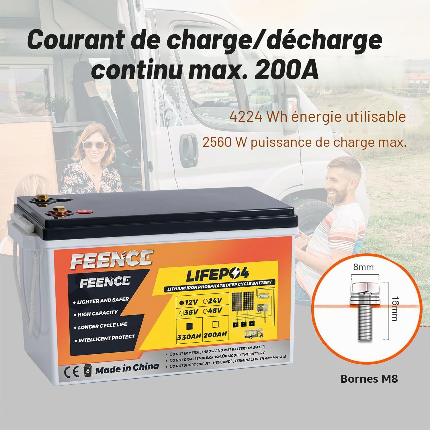 Batterie LiFePO4 de 330 Ah, batterie au lithium 12 V 330 Ah avec BMS 200 A, batterie de voiture au lithium à cycle profond de 4224 Wh, plus de 15 000 cycles de charge, idéale pour les camping-cars