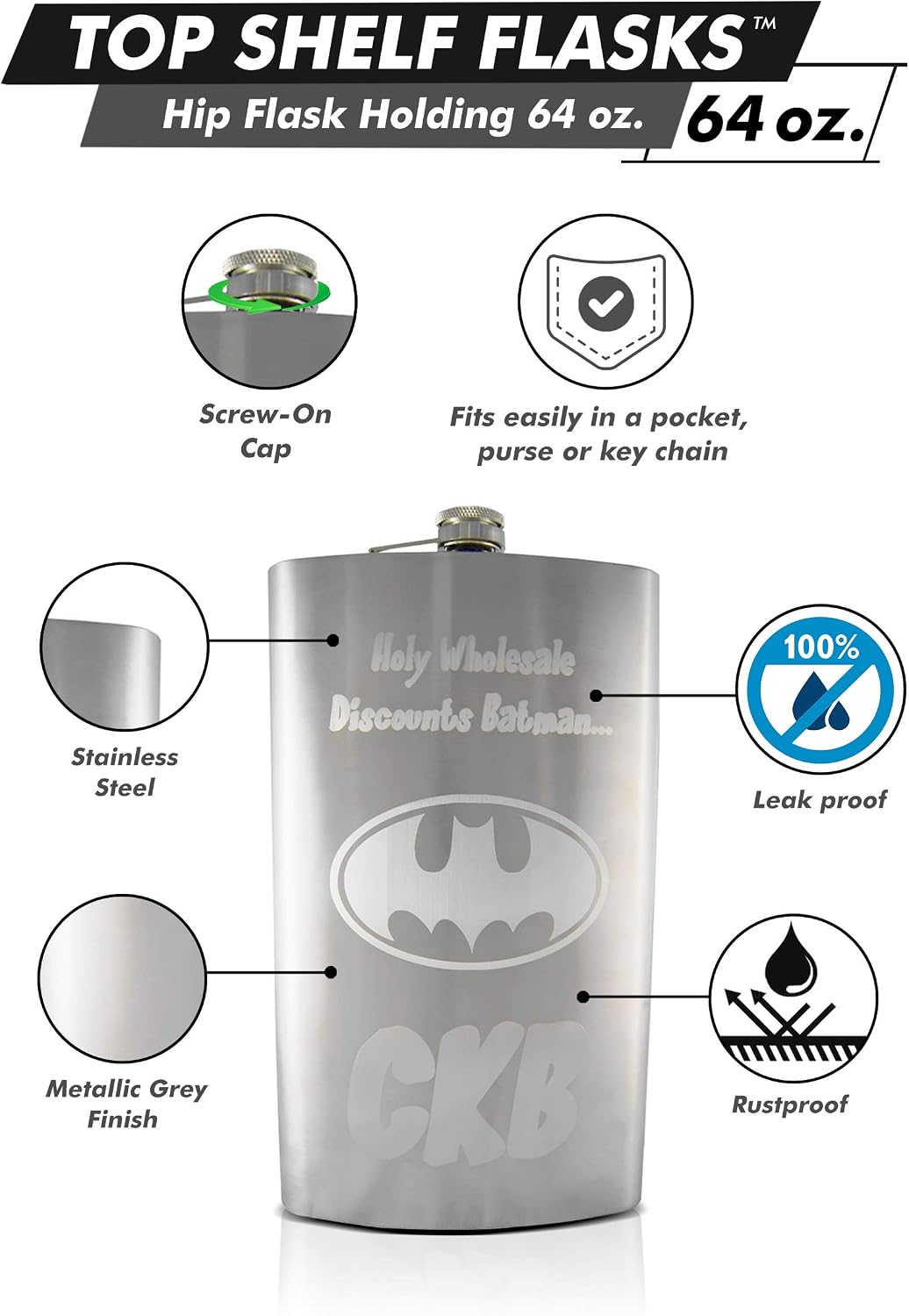 Hip Flask Holding 64 oz - Large Size, Stainless Steel, Rustproof, Screw-On Cap - Metallic Grey Finish Perfect for Engraving