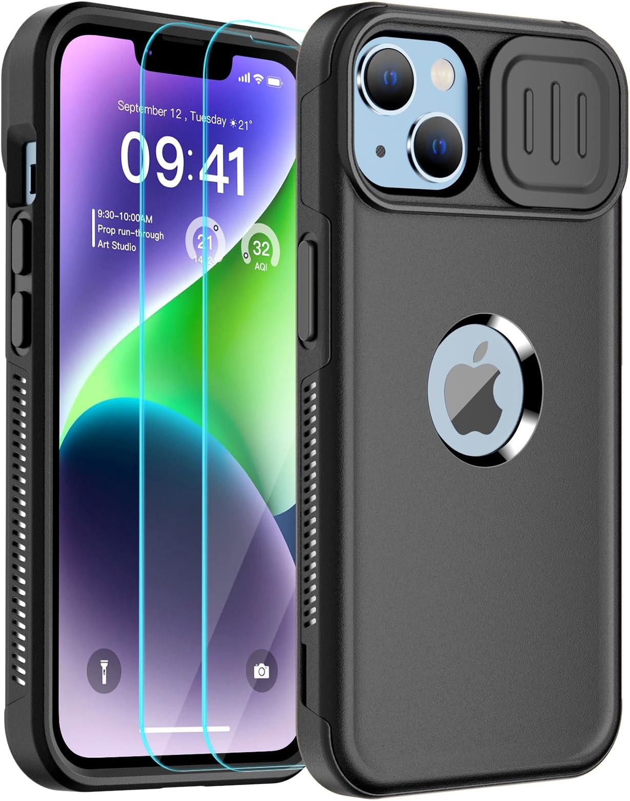 SUPFINE for iPhone 14 Case with Slide Camera Cover,[10 FT Military Grade Drop Protection] [2+Tempered Glass Screen Protector] Non-Slip Heavy Duty Full-Body Slim Shockproof Phone Case,Black
