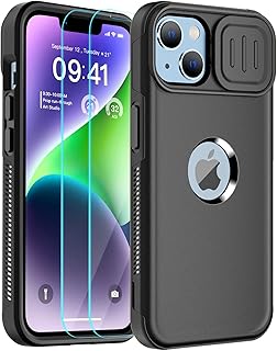 SUPFINE for iPhone 14 Case with Slide Camera Cover,[10 FT Military Grade Drop Protection] [2+Tempered Glass Screen Protector] Non-Slip Heavy Duty Full-Body Slim Shockproof Phone Case,Black