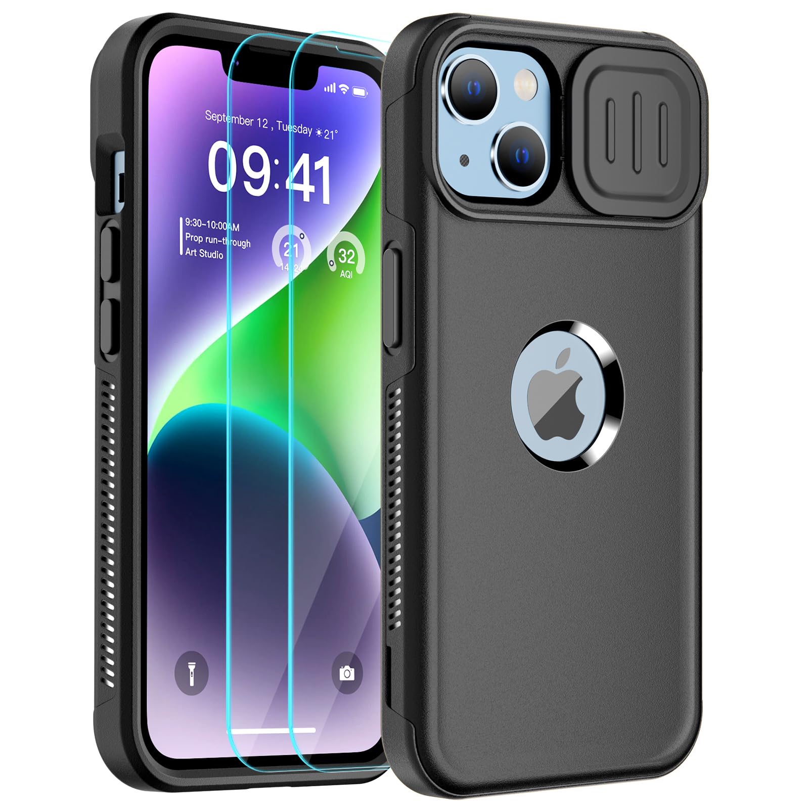 SUPFINE for iPhone 14 Case with Slide Camera Cover,[10 FT Military Grade Drop Protection] [2+Tempered Glass Screen Protector] Non-Slip Heavy Duty Full-Body Slim Shockproof Phone Case,Black