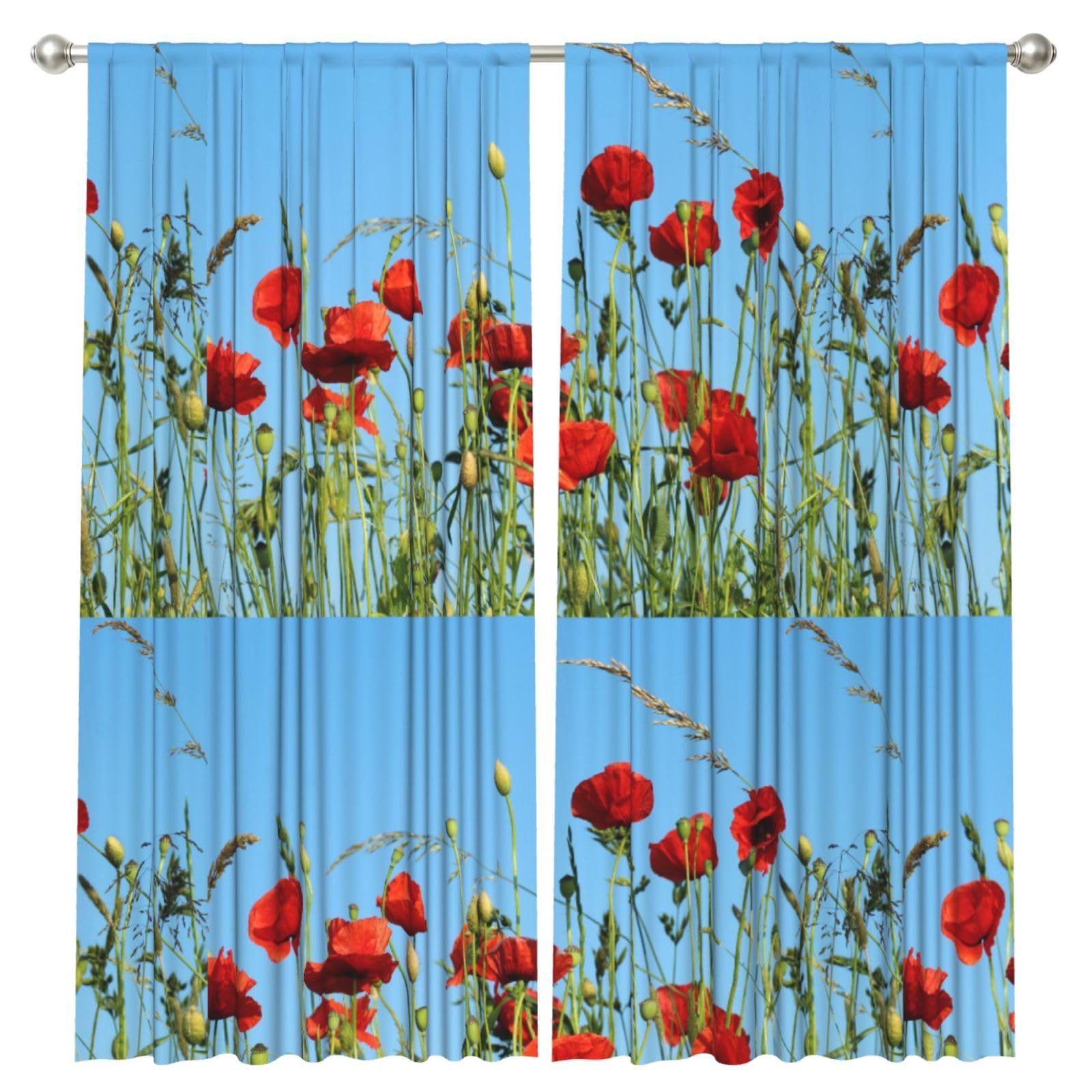 InOmak Poppies On Blue Sky, 2 Panels Window Curtains 52 x 84 Inch Blackout Curtains for Living Room Bedroom