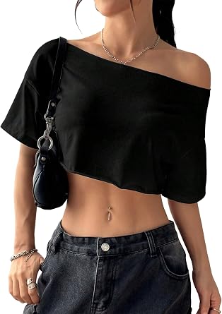 Womens Y2k Off Shoulder Crop Tops Short Sleeve Oversized Tee Shirts Black L