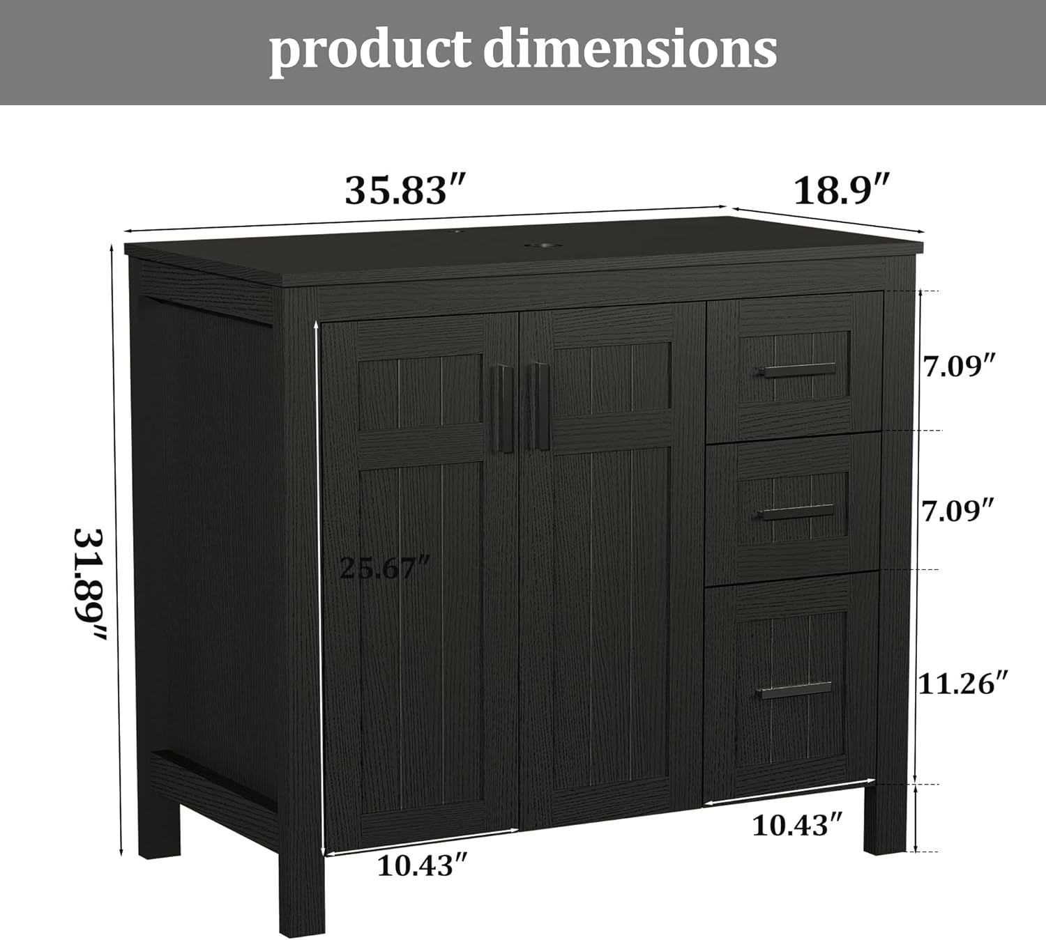 UEV 36" Bathroom Vanity with Sink Combo, Modern Freestanding Sink Cabinet with 3 Drawers,Stylish Bathroom Vanity Cabinet,Grooved Door, Metal Handles,Vessel Sink (Bronze Round Bowl, 36" Black)