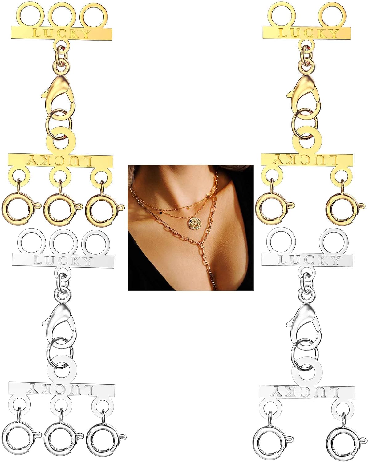 Lucky Necklace Layering Clasp Womens Jewelry Separators 18K Gold and Silver Multiple Necklace Clasp Look