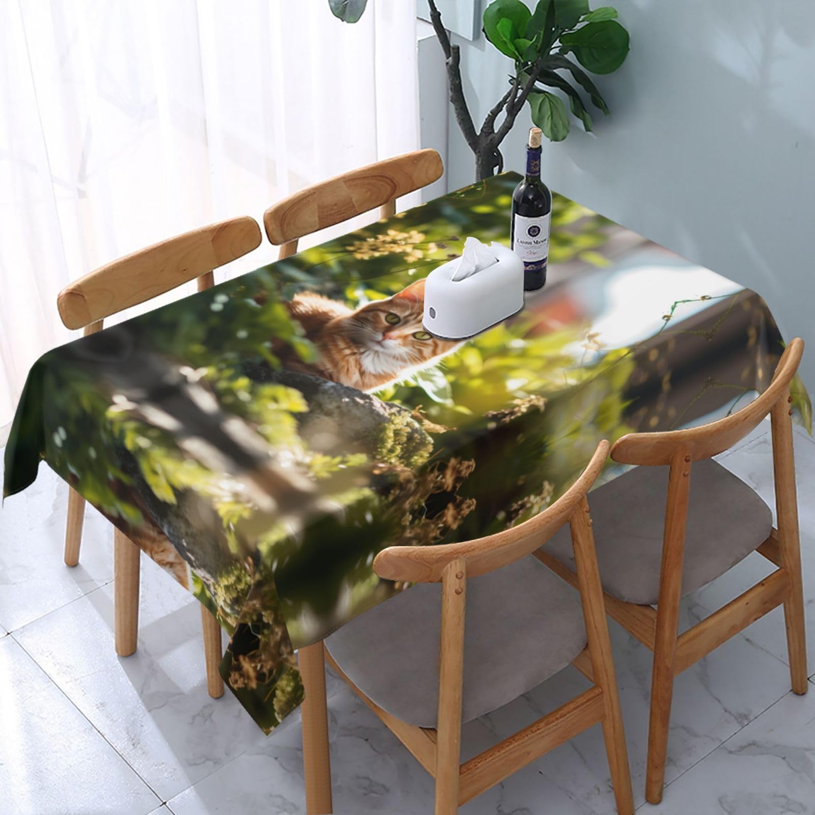 Phayah White Cat In The Garden Pattern Rectangle Tablecloth 54X72in, Resistant For Restaurant, Picnic, Indoor And Outdoor Decoration Table Cover
