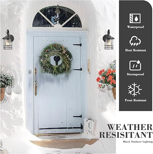 Miniatura 4 de Emliviar Paquete de 2 faroles de pared para exteriores 1 luz lámpara de pared exterior en acabado negro con vidrio semillado transparente paquete