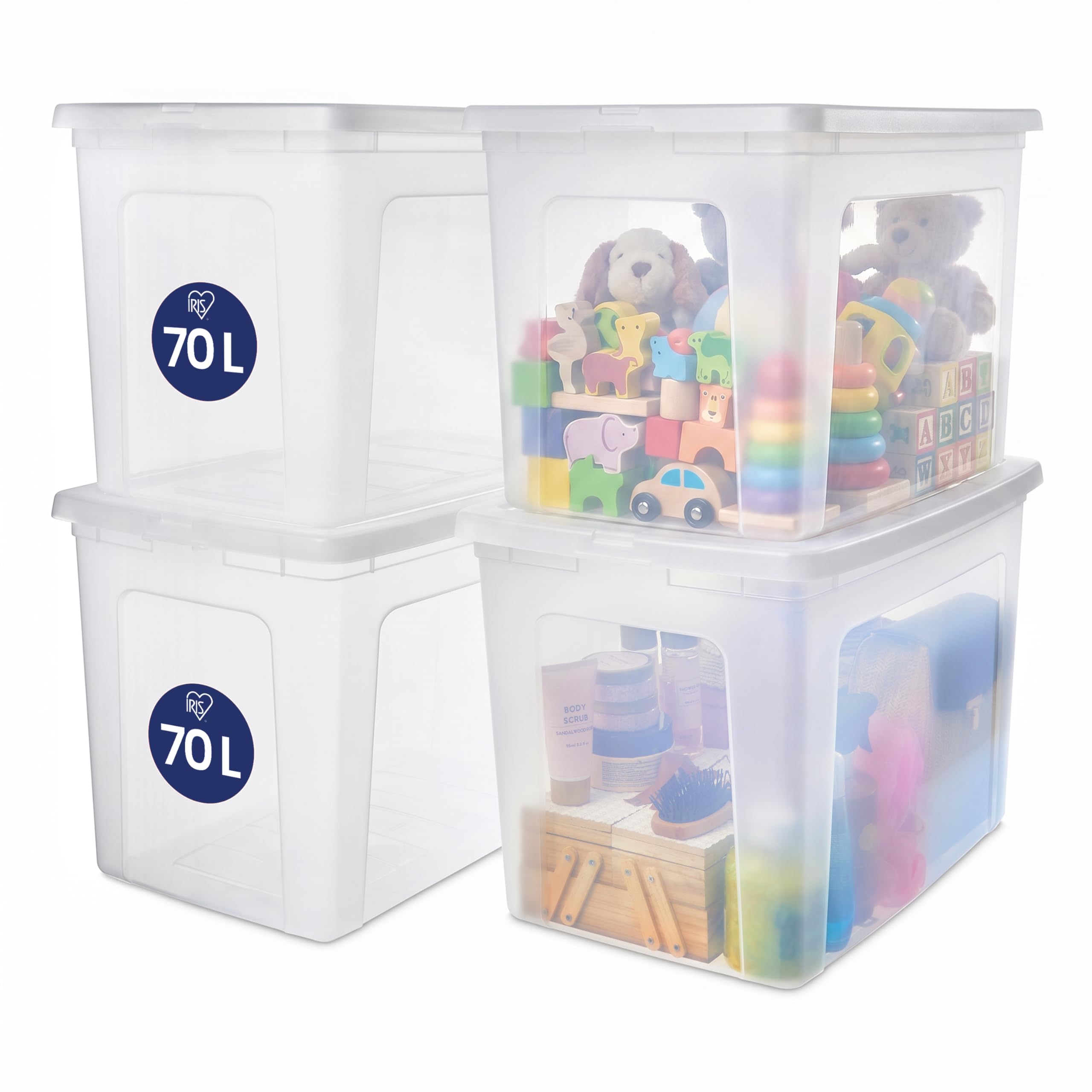 Iris Ohyama, Mehrzweck-Aufbewahrungsbox, 70L, 4er-Set, einfaches Verschließen, stapelbar, aus transparentem Kunststoff, für Kleidung, Regale, Schule, Organisation, Spielzeug, Schreibwaren, Schuhe, MCB