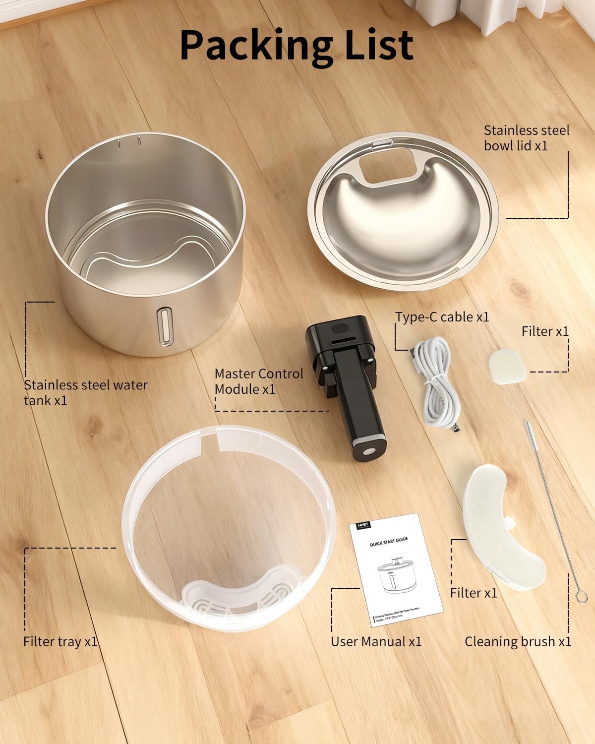 All components of the NPET Stainless Steel Wireless Pet Fountain laid out on a wooden floor.