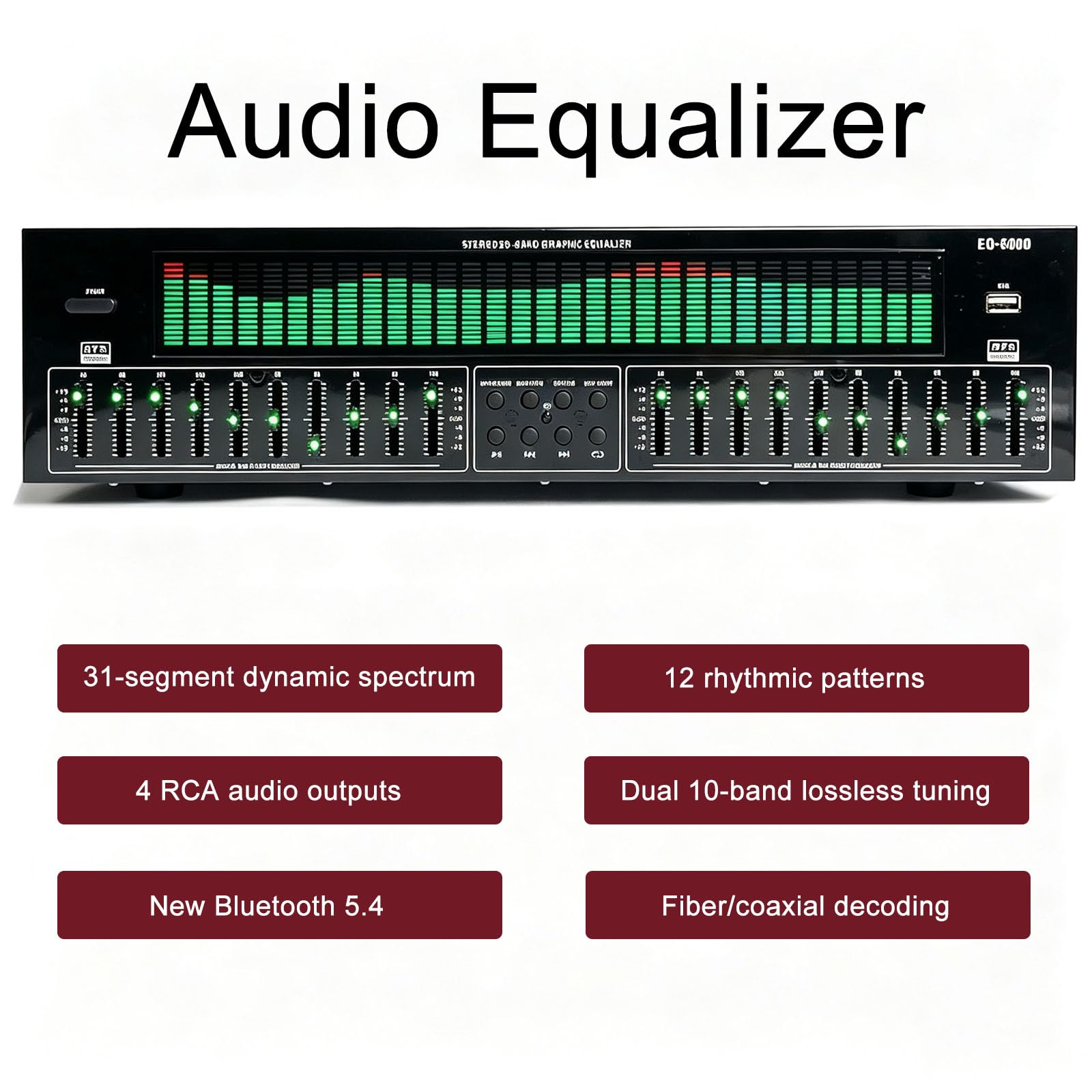 JOSBY Ecualizador Gráfico Estéreo con 31 Bandas De Espectro Dinámico, Compatible con 12 Modos De Ritmo Y Decodificación Óptica/coaxial, Sintonización Dual Sin Pérdidas De 10 Bandas