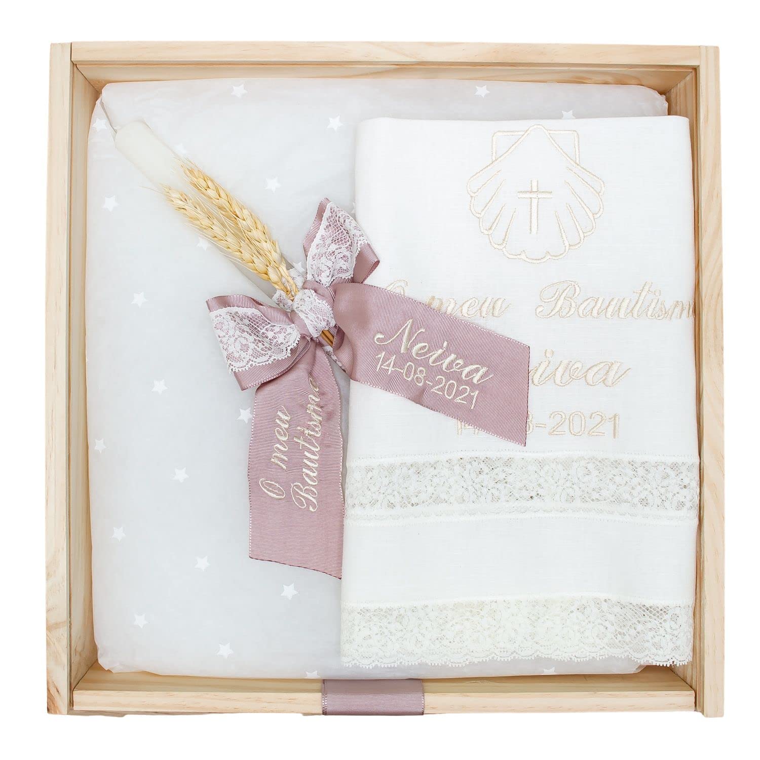 Kit de vela y pañuelo personalizado para Bautizo - Incluye caja de madera grabada – Pack de vela decorada y Paño bordado con nombre y fecha del Bautismo - Modelo Paris (Rosa Maquillaje)