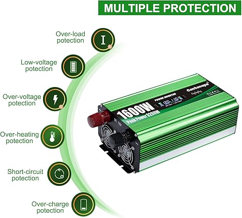 Miniatura 4 de Inversor de onda sinusoidal pura de 1600 vatios, inversor de CC 12 V a CA 110 V/120 V con control remoto y pantalla LCD y 4 salidas de CA, 4 puertos