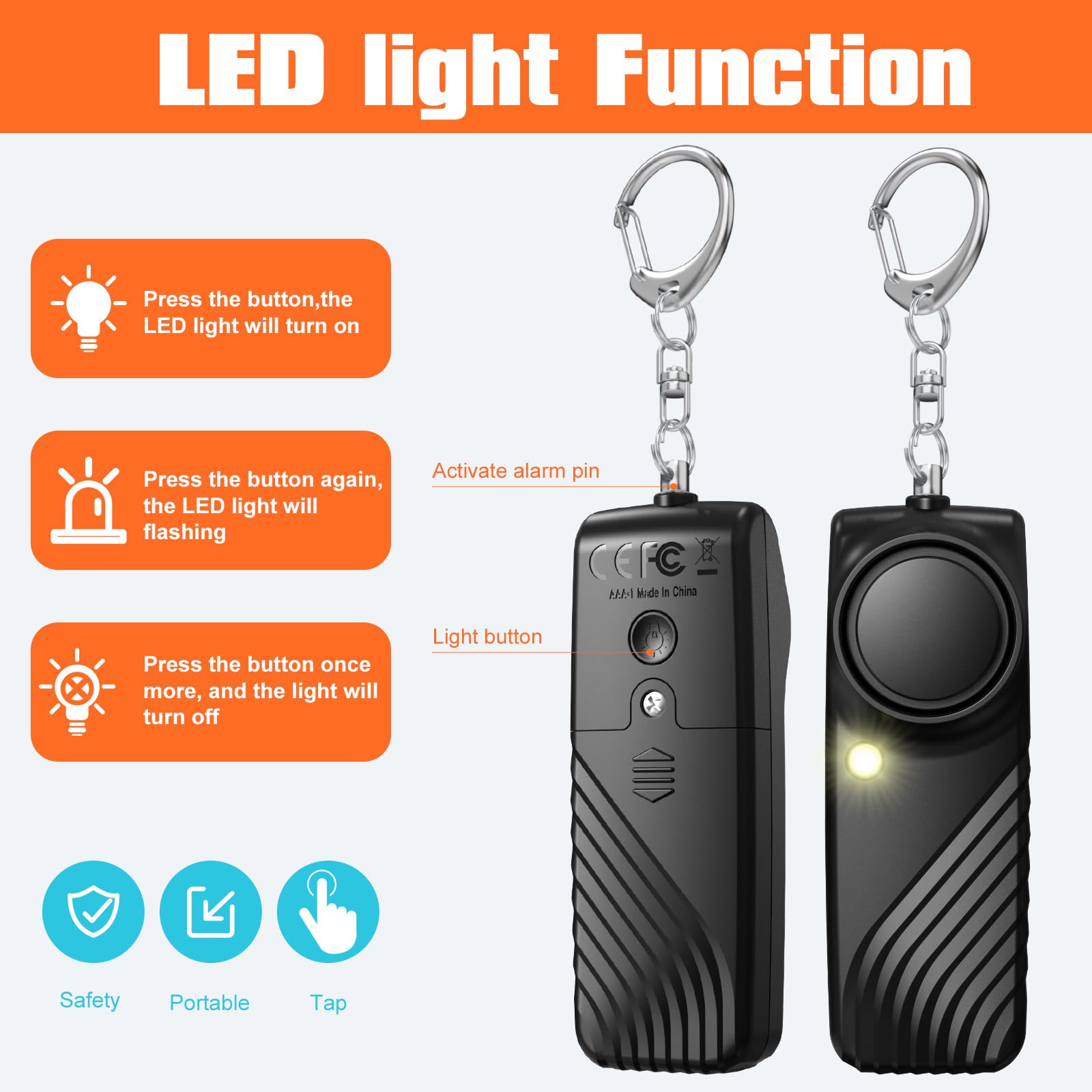 2 Paquete Seguro Alarmas Personales Sonoras 130dB Fuerte con Linterna LED PortátilAl Aire Libre Defensa Personal Emergencia Alarma de Seguridad para Mujeres Niños Ancianos Hombres Negro