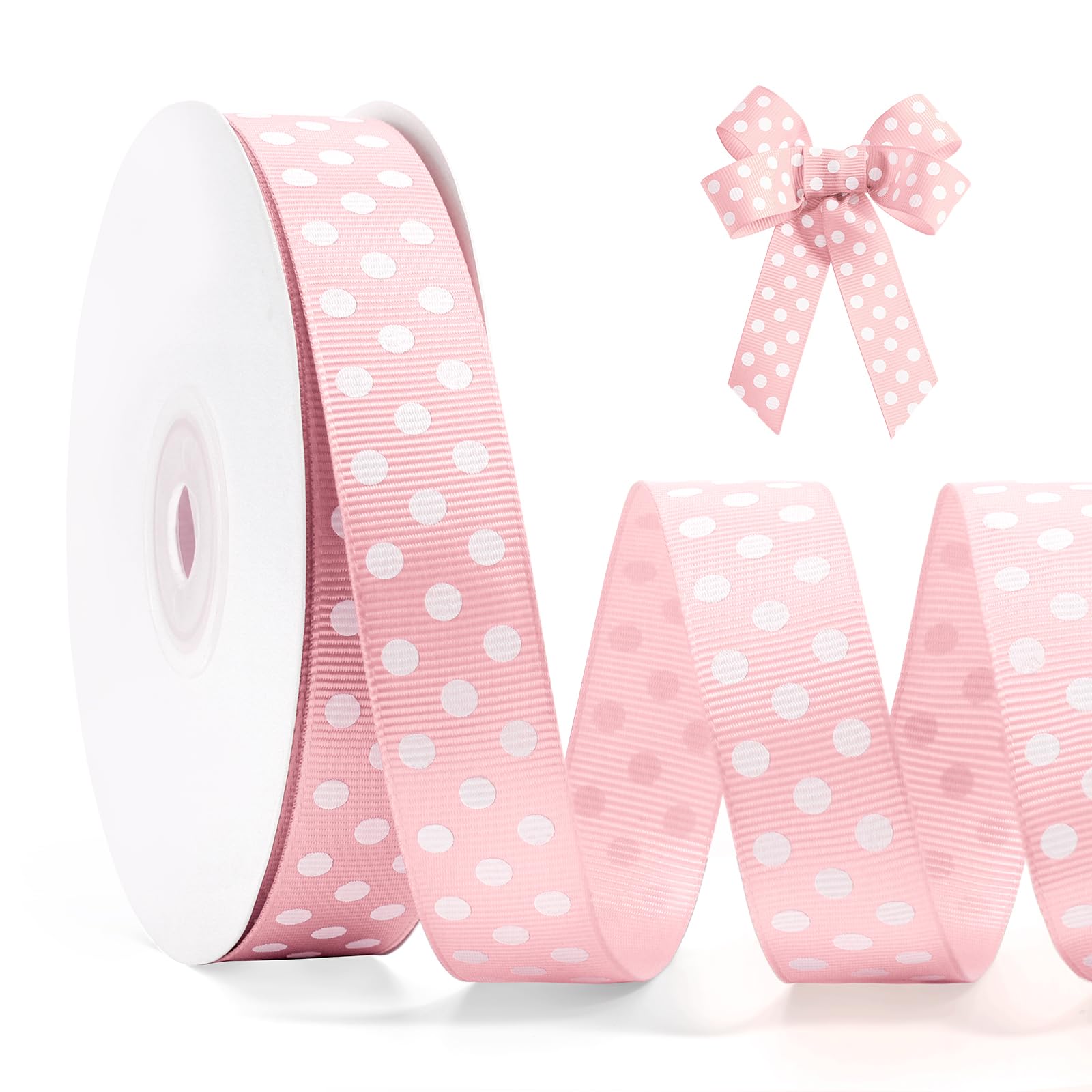 FAKILO Polka Dot Grosgrain Ribbon 20mm X 22m Pink and White Dot Craft Ribbon for Gift Wrapping Christmas DIY Crafts Hair Bows Wedding Party Decor Sewing and Home Decoration