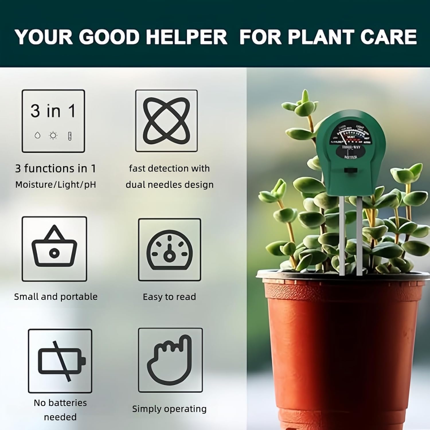 Testeur d'humidité du sol, détection de l'illumination 3 en 1, valeur du pH, testeur de pH du sol multifonctionnel, idéal pour le jardin, la pelouse, la ferme, une utilisation en intérieur et en
