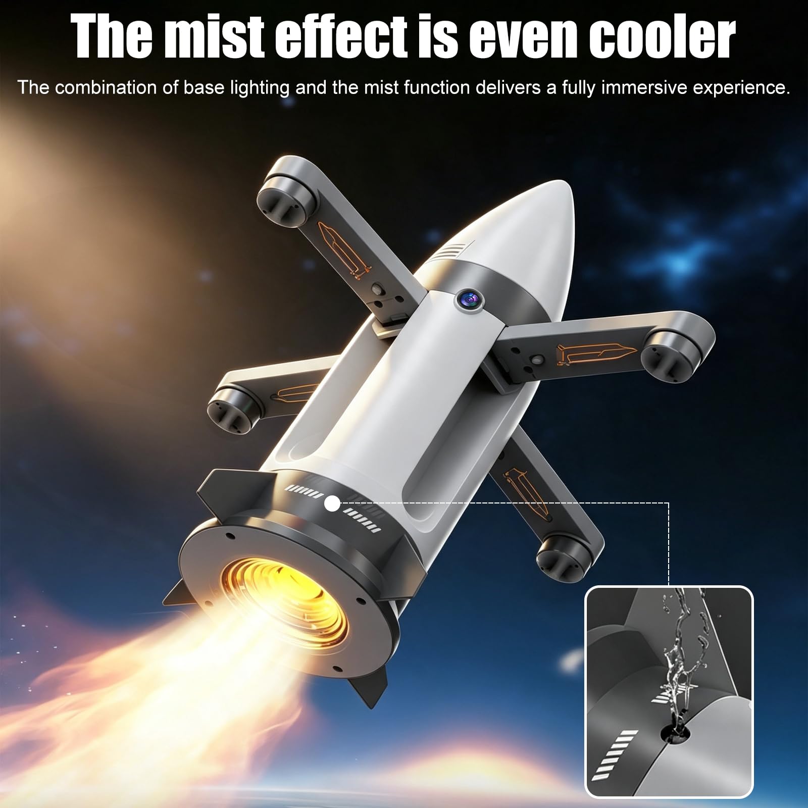 Fernbedienung Rakete Stil Drohne Kinder Spielzeug, Remote Control Drone | Spray und LED Leuchten, Bürstenloser Motor, 2 Akku, Start/Landung mit Einem Klick, 2.4GHz RC Flugzeuge Drinnen Draußen