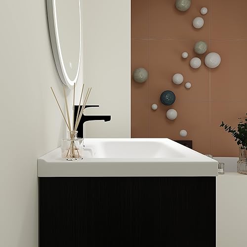 Miniatura 4 de Tocador de baño de 28 pulgadas con lavabo, juego de tocador flotante Mordern con mango de metal dorado y parte superior de fregadero de cerámica