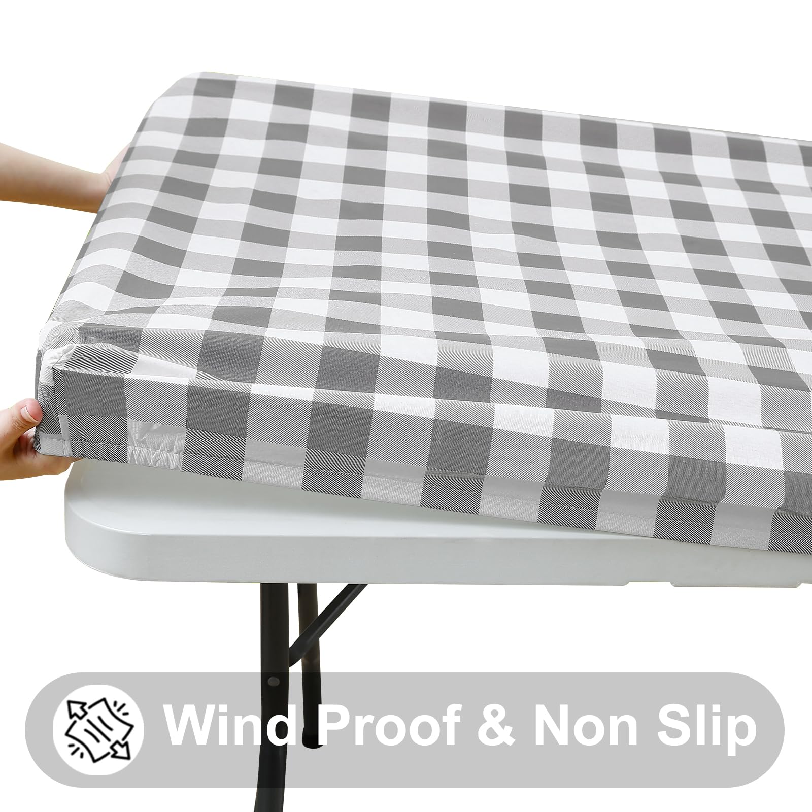 Smiry Rectangle Picnic Table Cloth, Elastic Waterproof Fitted Vinyl Tablecloths, Flannel Backed Buffalo Plaid Table Covers for Dining, Camping, Outdoor (White and Grey, 30