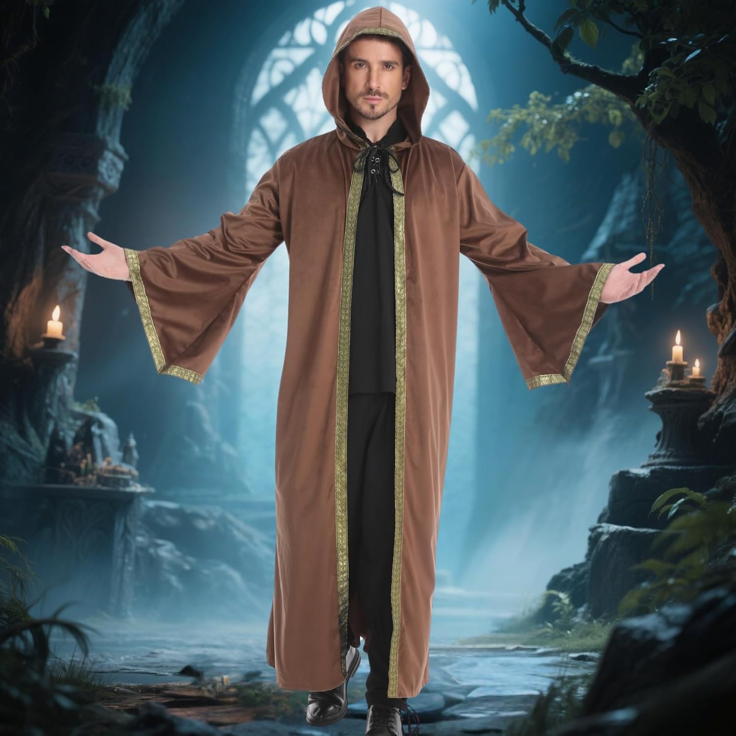 yolsun Velvet Wizard Robe with Hood and Sleeves, Men Wizard Cloak Costume Halloween Cosplay Medieval Cape Renaissance Costume
